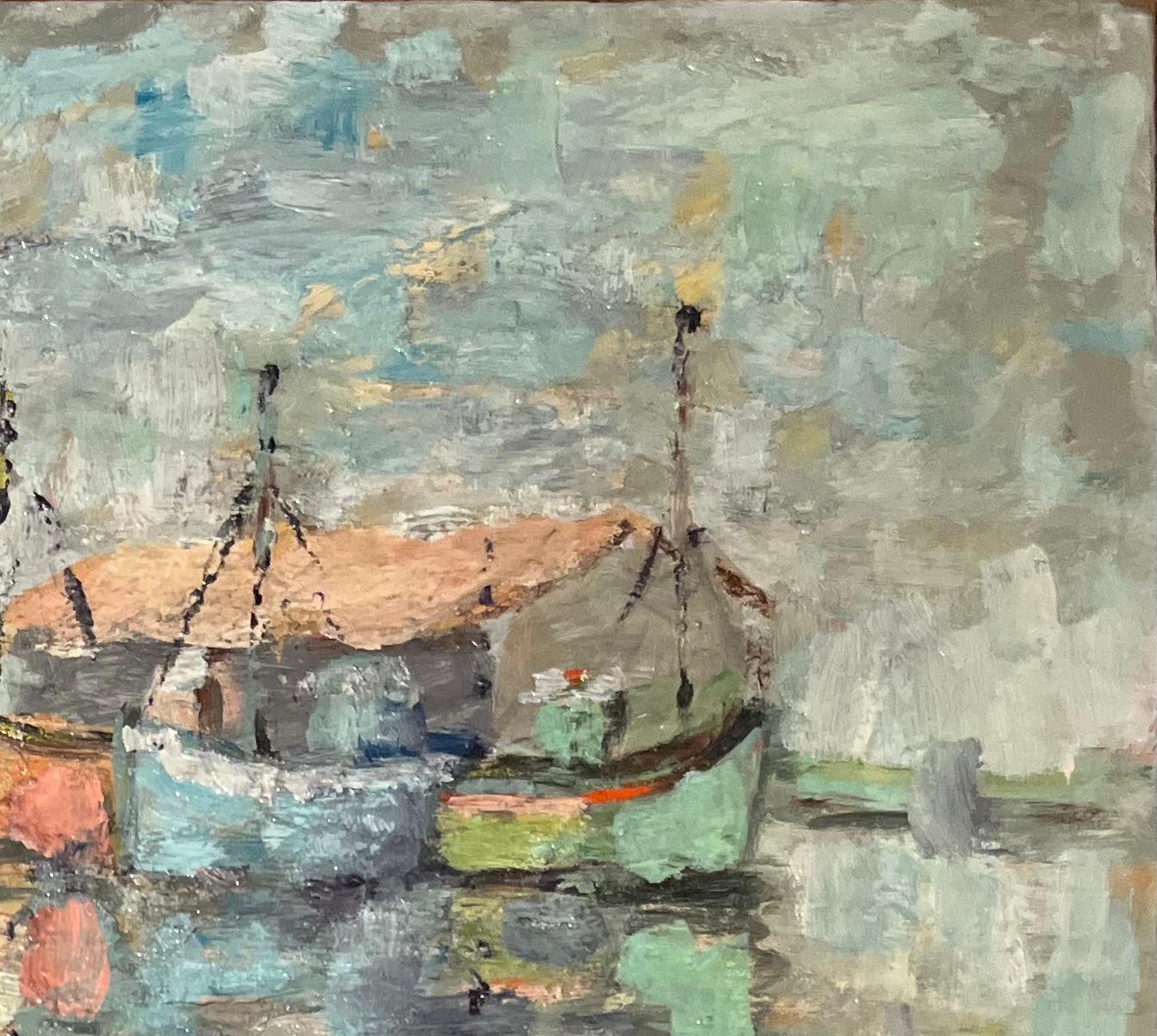 Title: French Impressionist Oil Painting of a Tranquil Scene of Fishing Boats at Rest
By Fanch Lel (French b. 1930)
Size: 8.25 x 10.5 inches (height x width)
Oil painting on board, unframed
Condition: The painting is in good condition, with minor