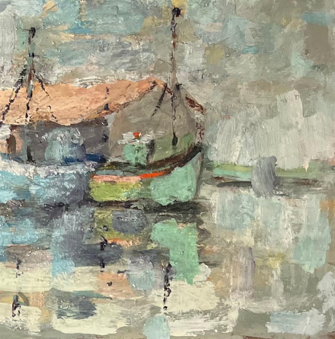 French Impressionist Oil Painting of a Tranquil Scene of Fishing Boats at Rest For Sale 1