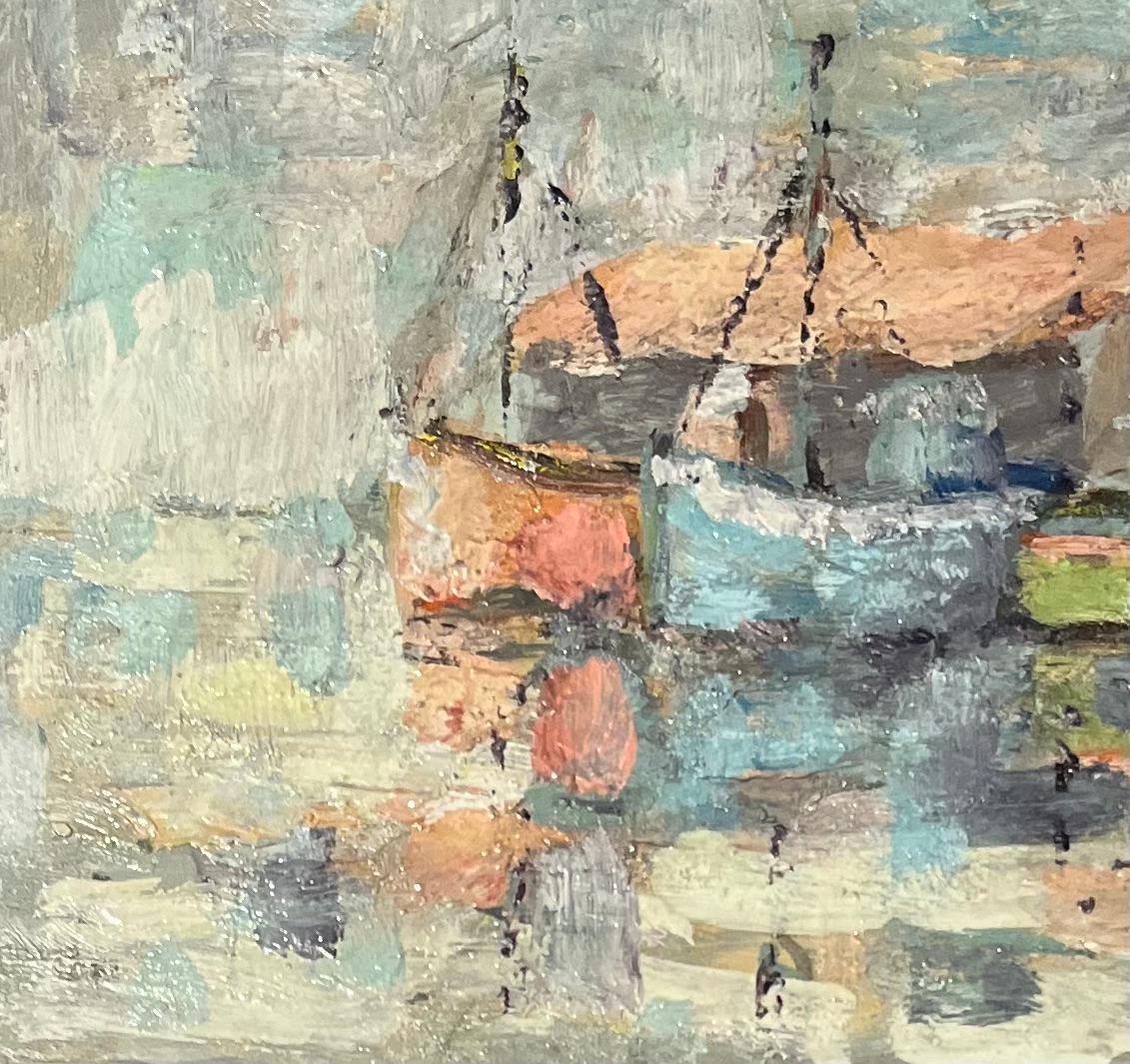 French Impressionist Oil Painting of a Tranquil Scene of Fishing Boats at Rest For Sale 2