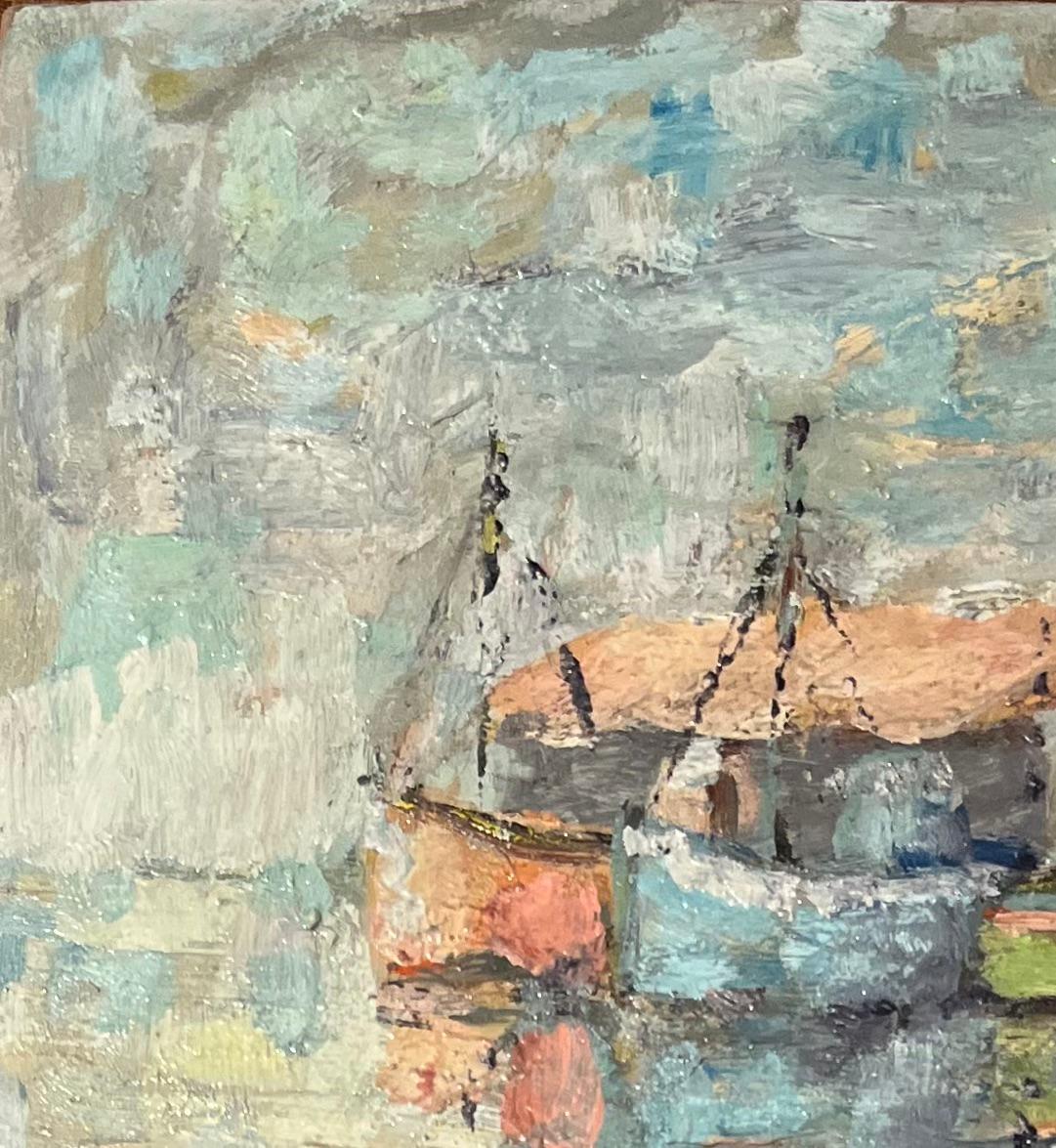 French Impressionist Oil Painting of a Tranquil Scene of Fishing Boats at Rest For Sale 3