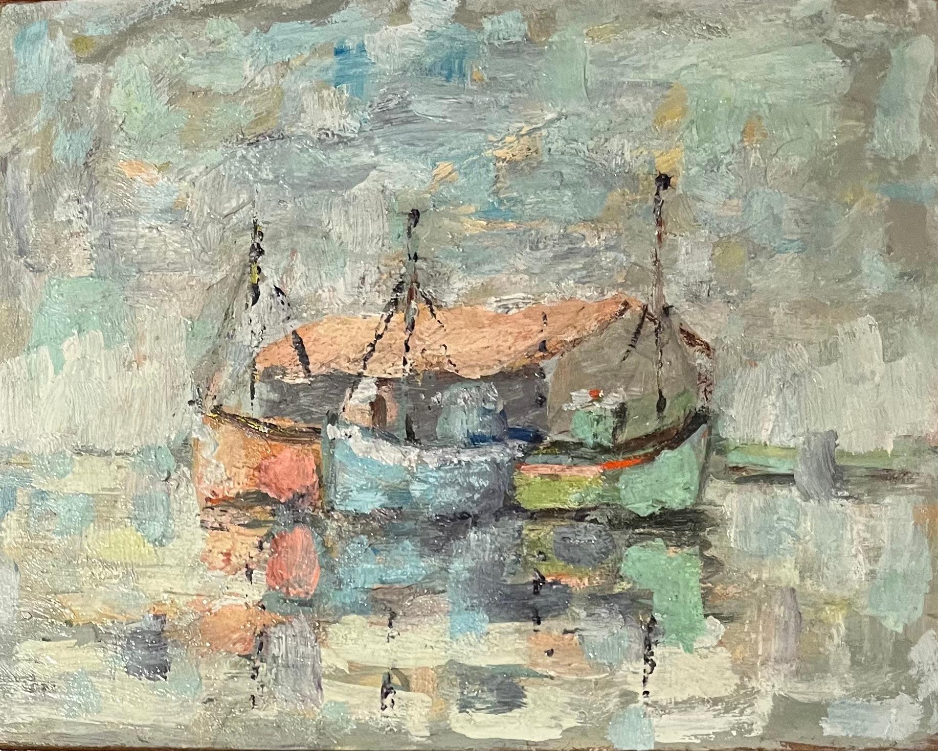 Fanch Lel Landscape Painting - French Impressionist Oil Painting of a Tranquil Scene of Fishing Boats at Rest