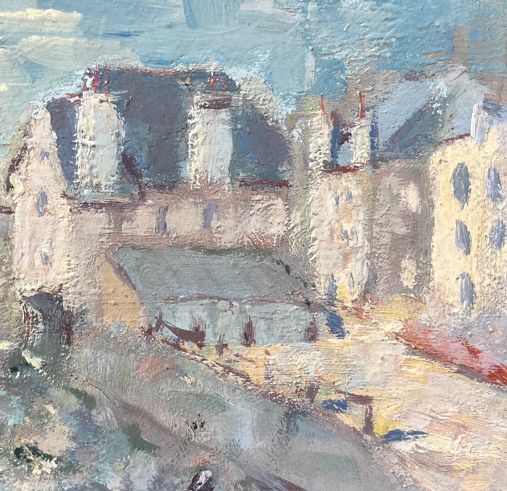 French Impressionist Oil Painting of A Tranquil Village View with Stone Bridge - Gray Figurative Painting by Fanch Lel
