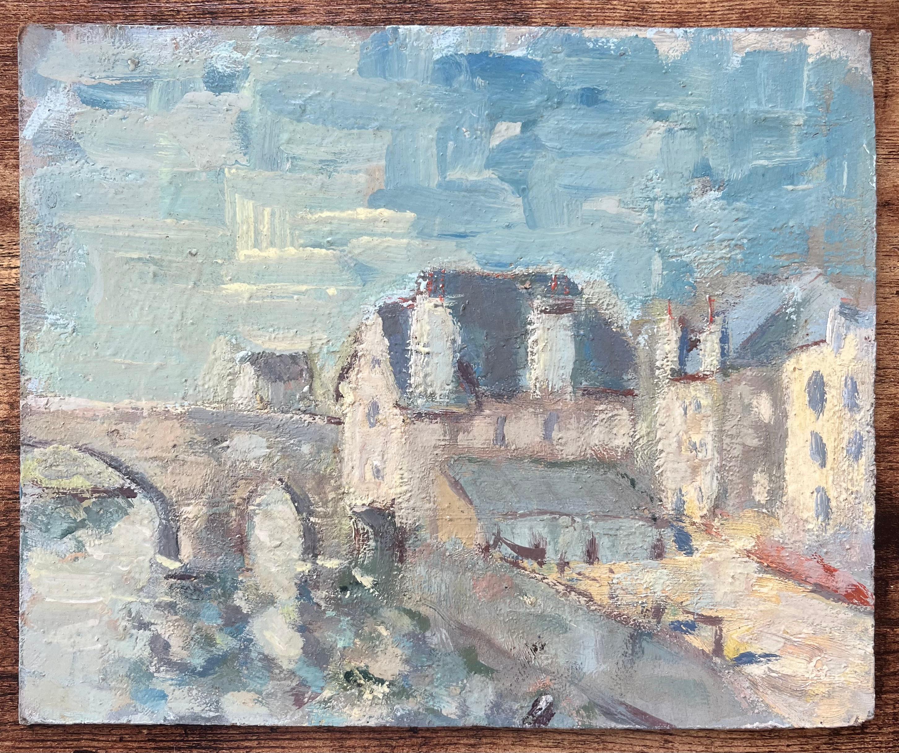 Title: French Impressionist Oil Painting of A Tranquil Village View with Stone Bridge
By Fanch Lel (French b. 1930)
Size: 8.75 x 10.75 inches (height x width)
Oil painting on board, unframed
Condition: The painting is in good condition.
Provenance: