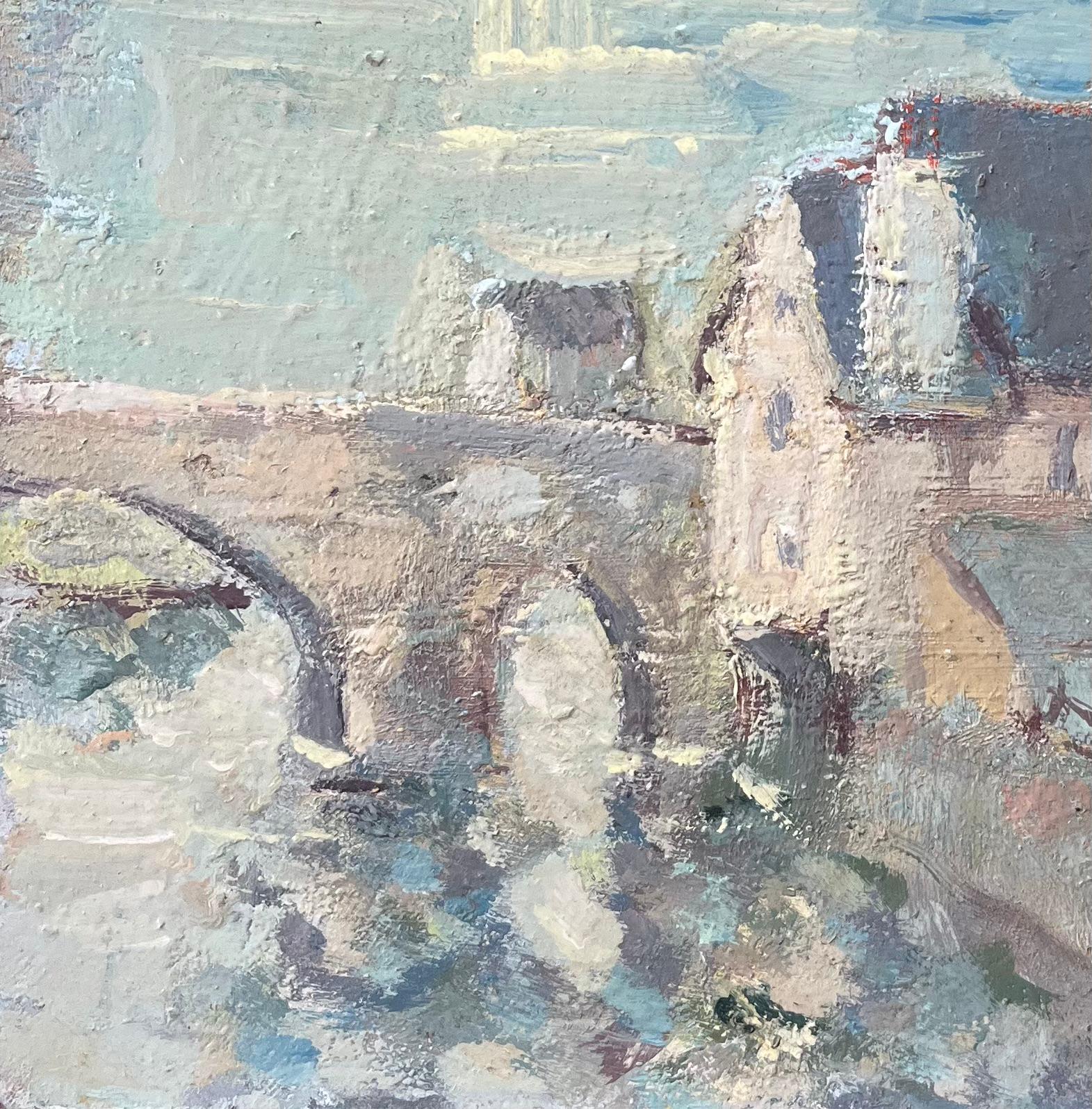 French Impressionist Oil Painting of A Tranquil Village View with Stone Bridge For Sale 1