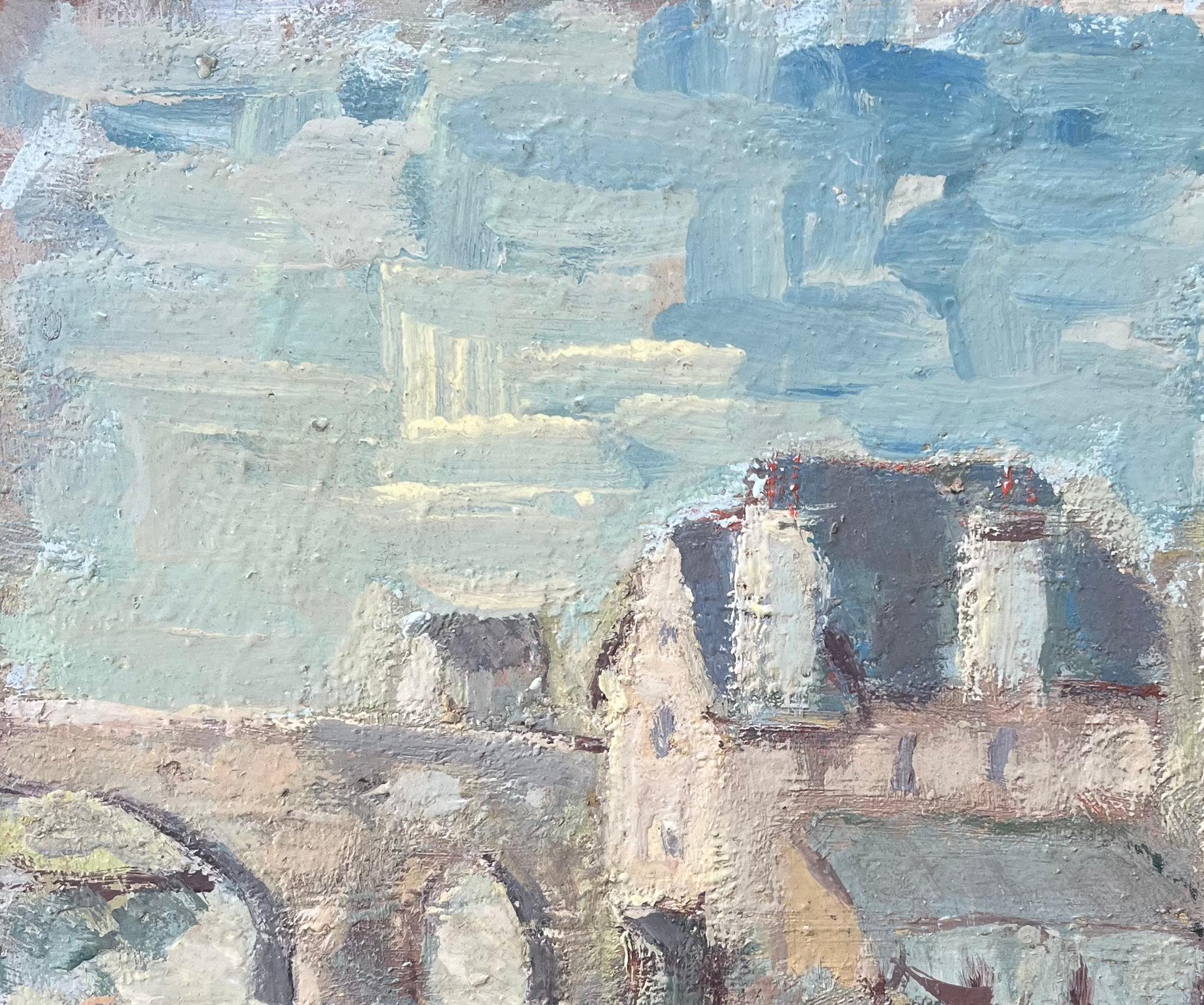 French Impressionist Oil Painting of A Tranquil Village View with Stone Bridge For Sale 2