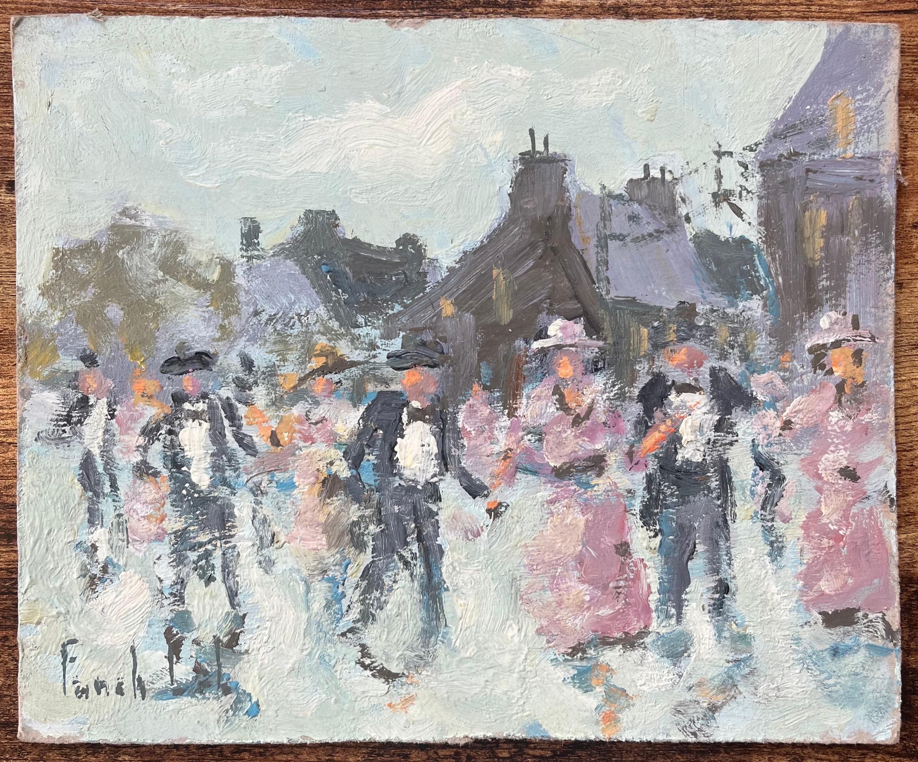 French Impressionist Oil Painting of a Village Dance Scene - Gray Landscape Painting by Fanch Lel