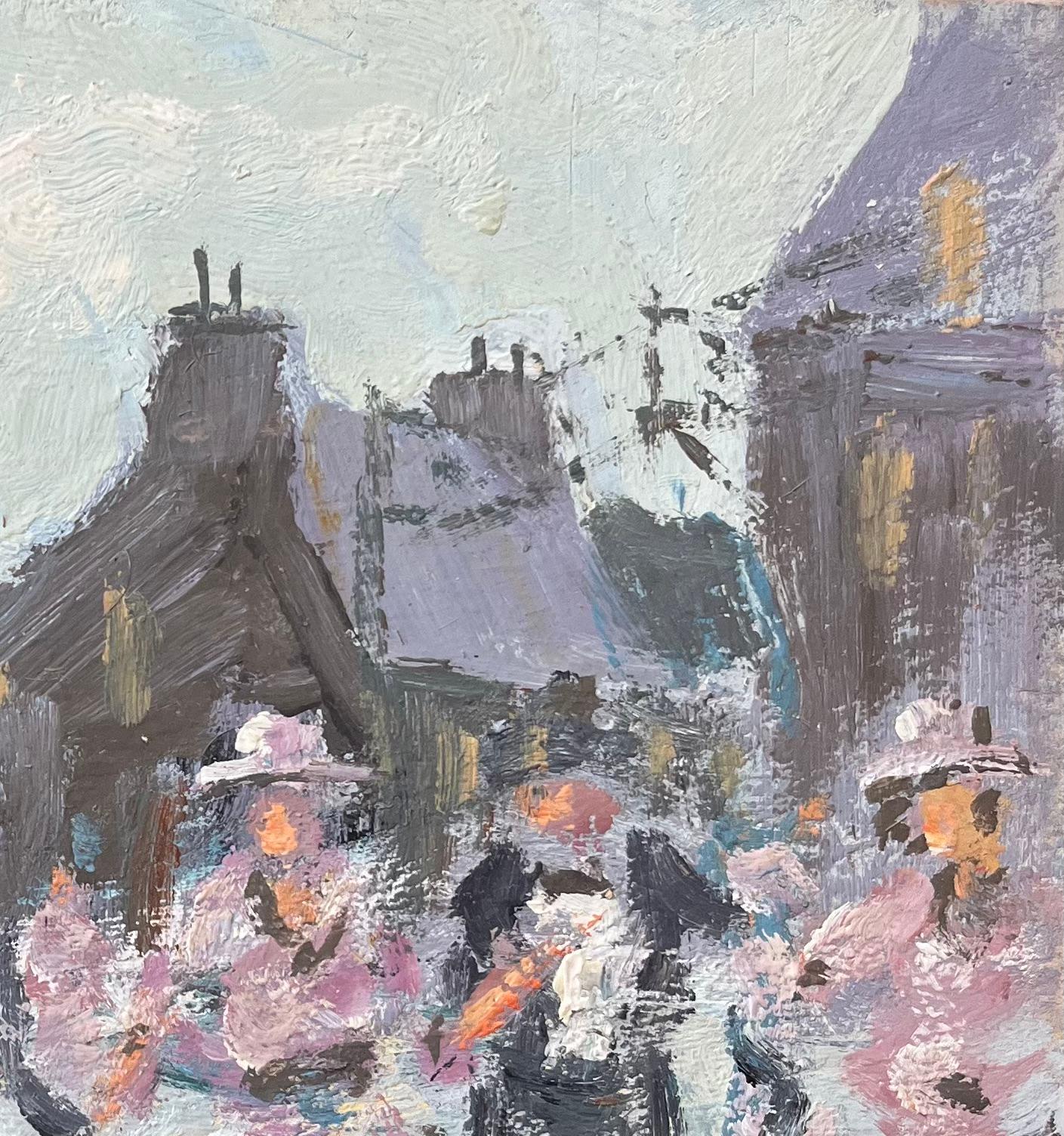 Title: French Impressionist Oil Painting of a Village Dance Scene
By Fanch Lel (French b. 1930)
Size: 8.75 x 10.5 inches (height x width)
Oil painting on board, unframed
Condition: The painting is in good condition, with minor signs of