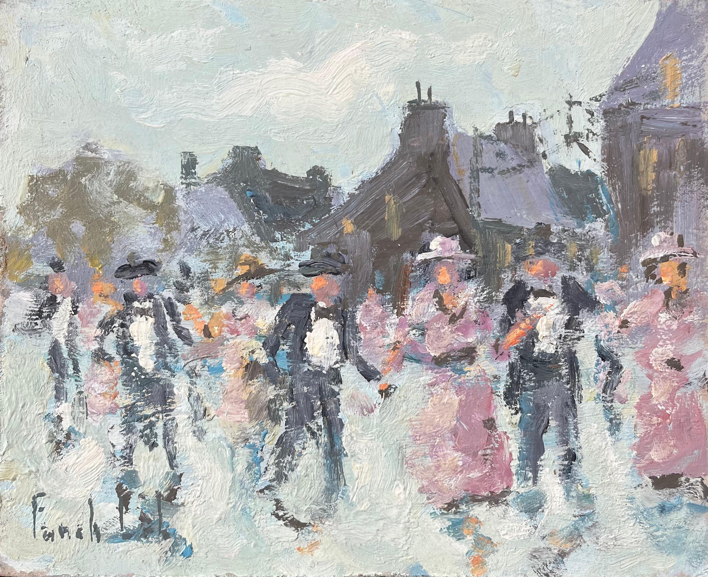Fanch Lel Landscape Painting - French Impressionist Oil Painting of a Village Dance Scene