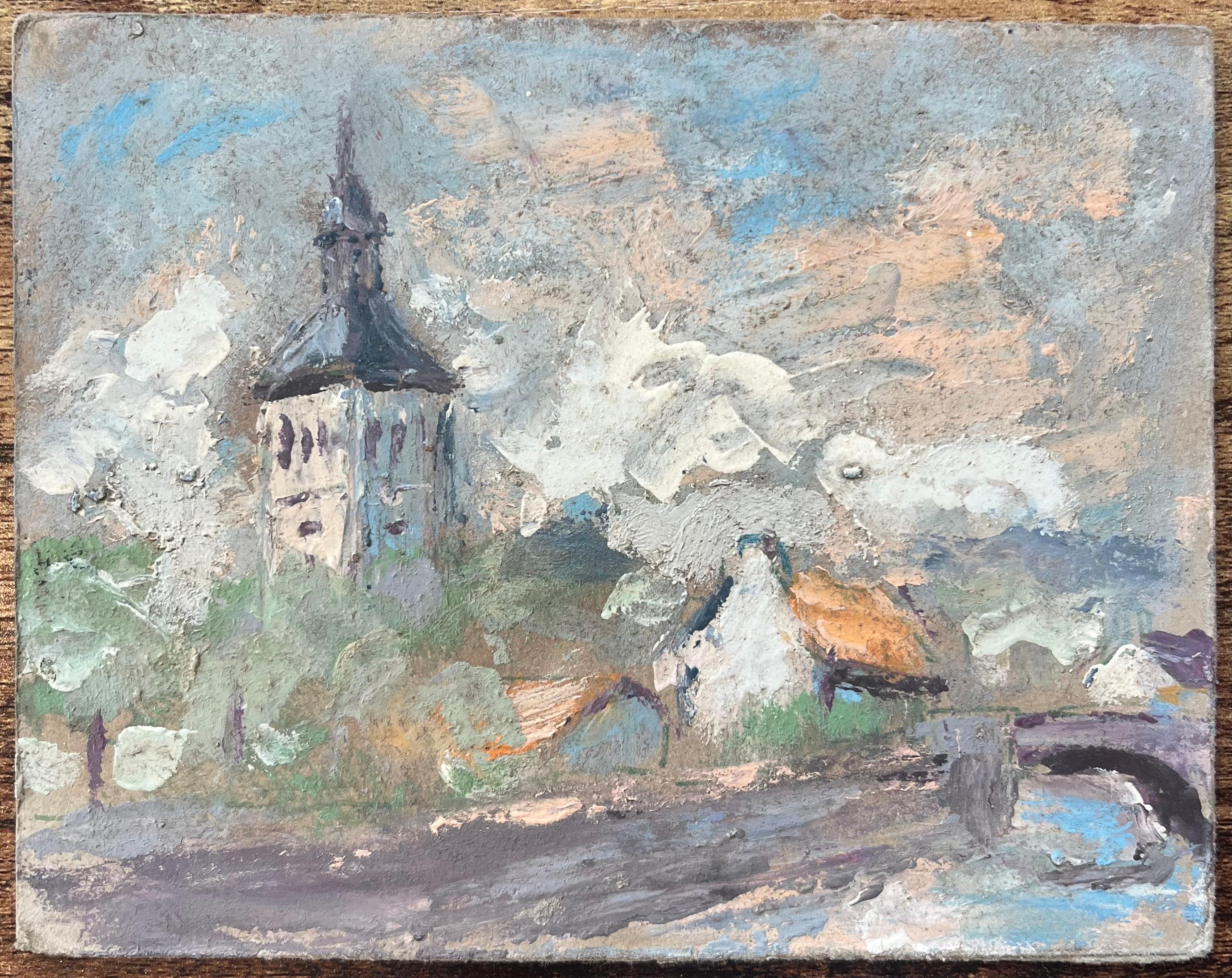 French Impressionist Oil Painting of a Village Scene with Church Tower - Gray Landscape Painting by Fanch Lel