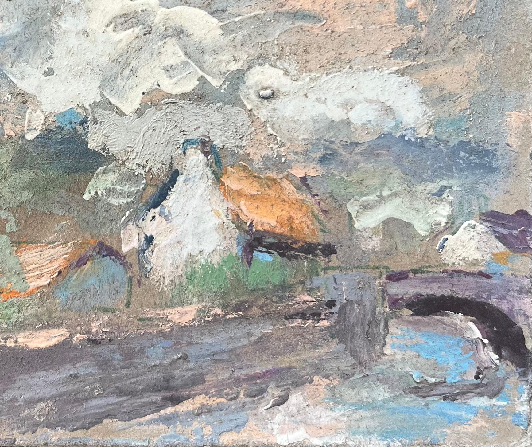 French Impressionist Oil Painting of a Village Scene with Church Tower For Sale 1