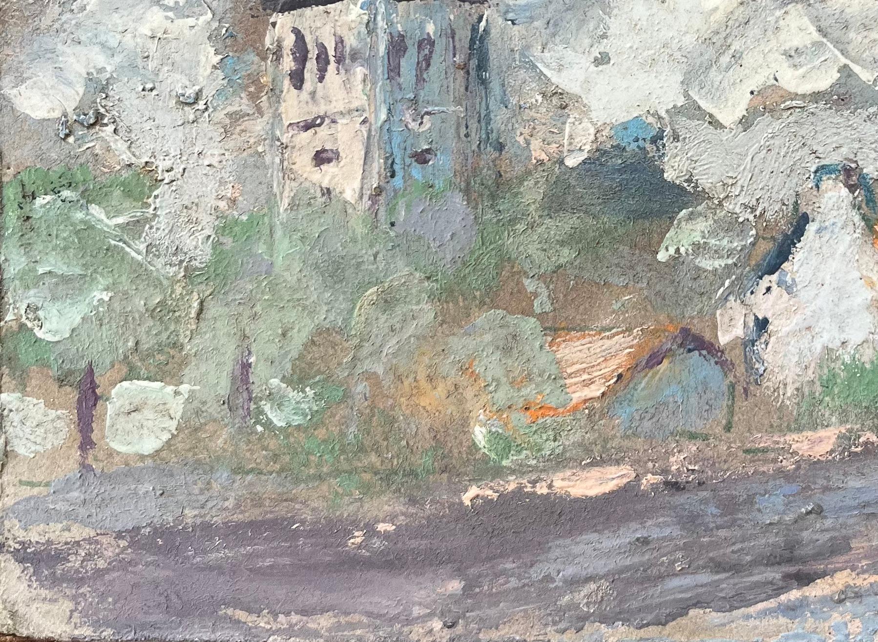 French Impressionist Oil Painting of a Village Scene with Church Tower For Sale 3