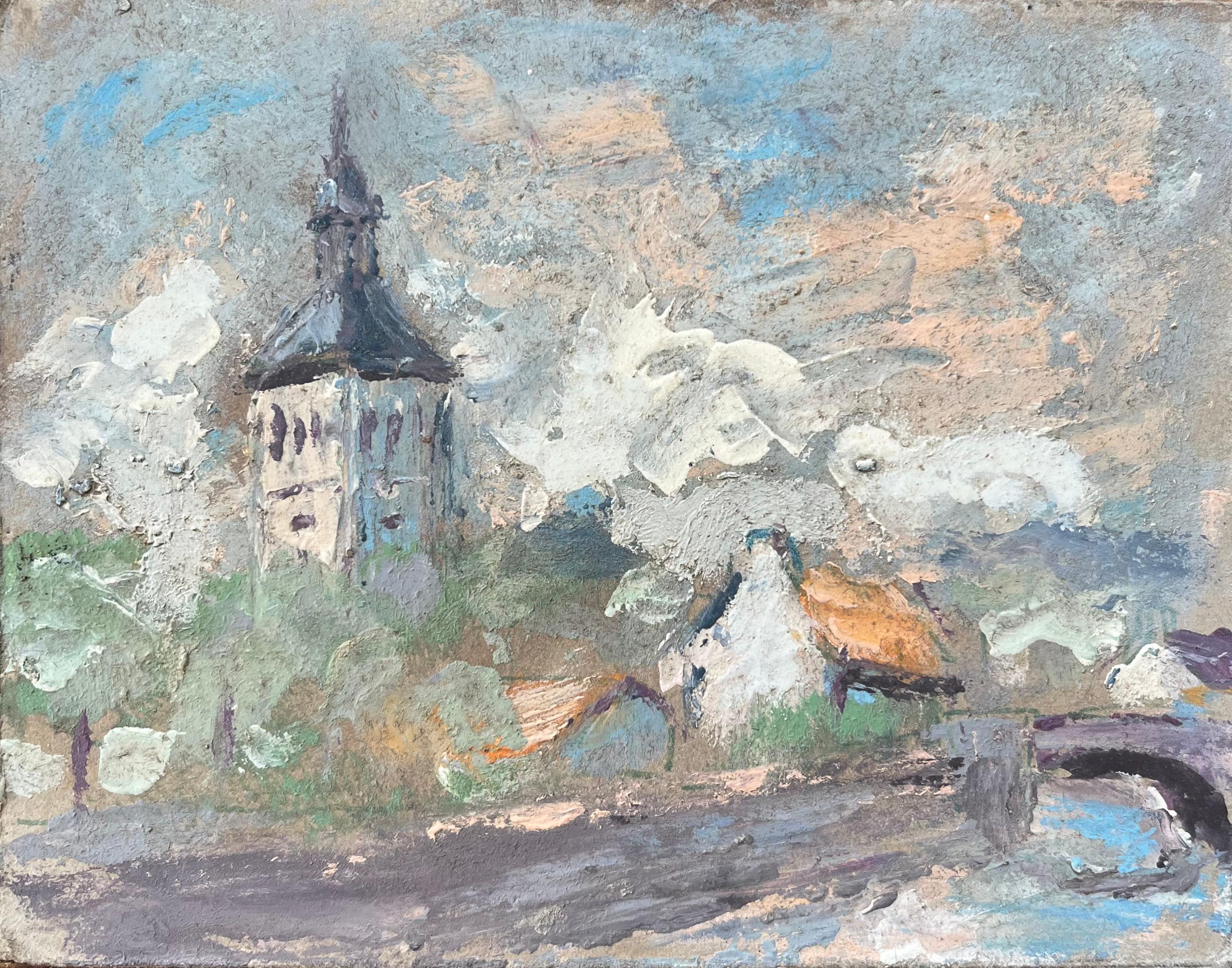 Fanch Lel Landscape Painting - French Impressionist Oil Painting of a Village Scene with Church Tower