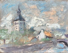 French Impressionist Oil Painting of a Village Scene with Church Tower