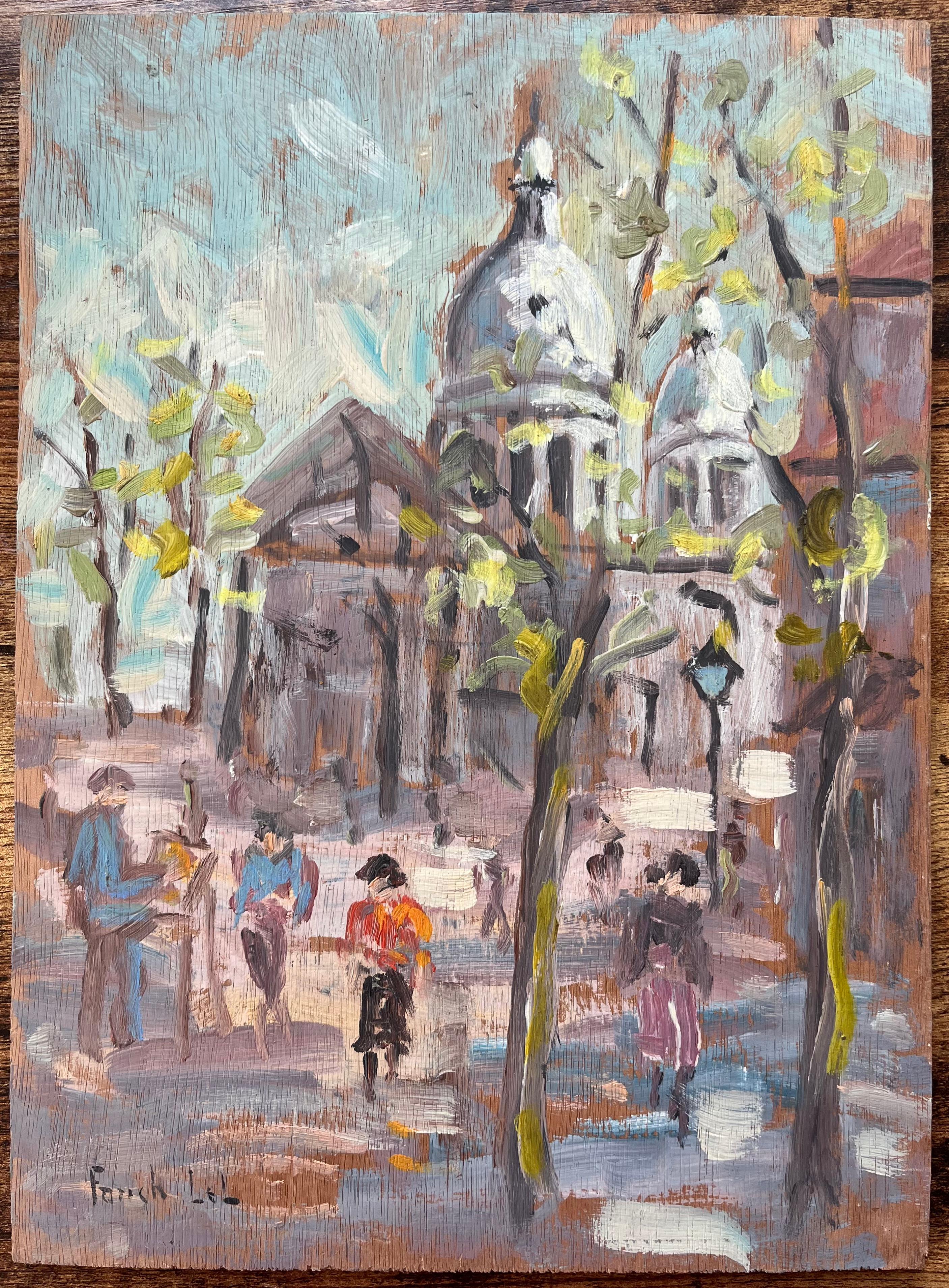 Dipinto a olio impressionista francese raffigurante la Basilica del Sacro Cuore e una scena di strada - Painting di Fanch Lel