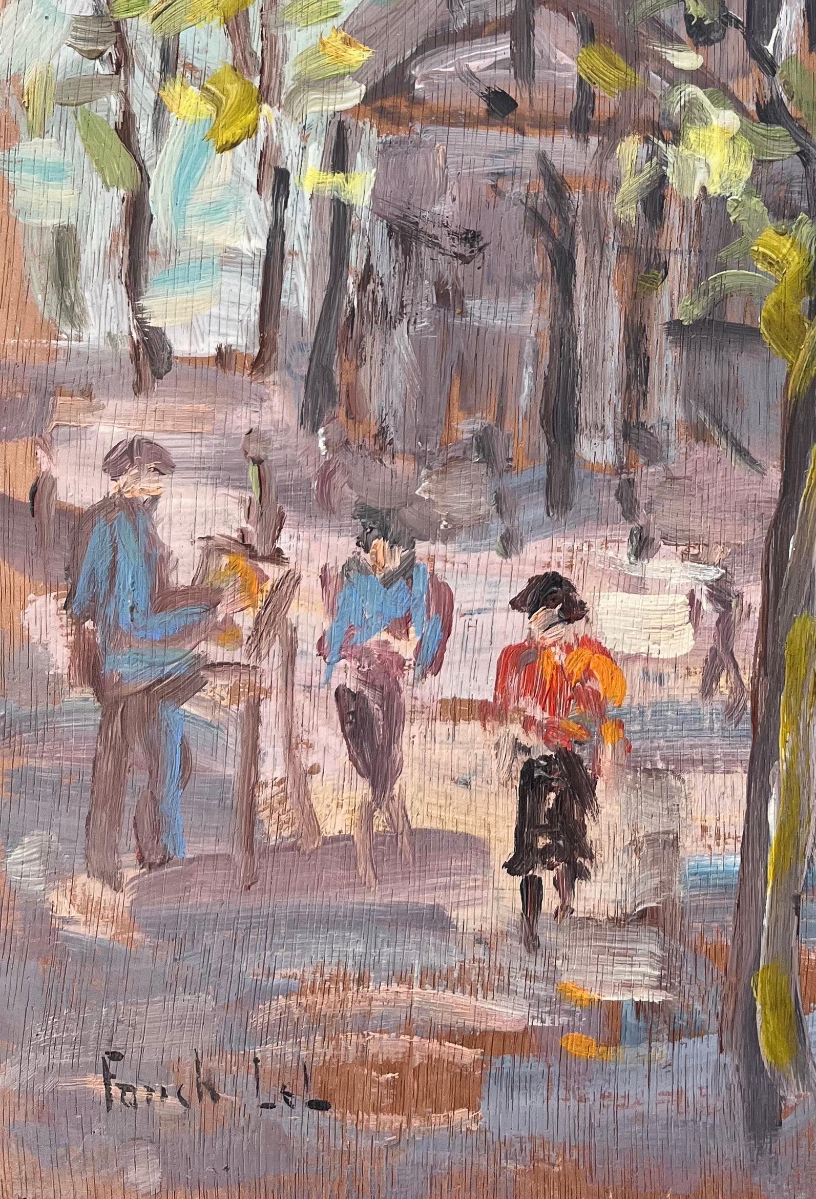 Dipinto a olio impressionista francese raffigurante la Basilica del Sacro Cuore e una scena di strada - Landscape Painting Grigio di Fanch Lel