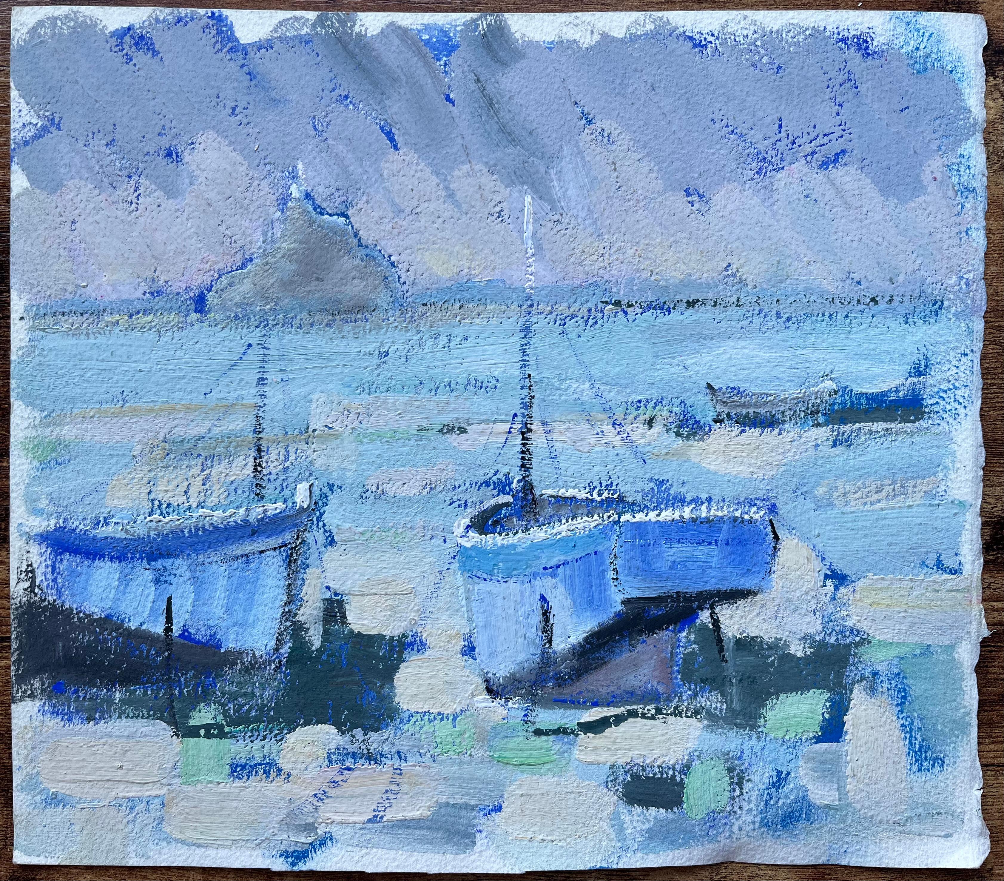 Quadro a olio impressionista francese con barche blu su una costa ventilata - Painting di Fanch Lel