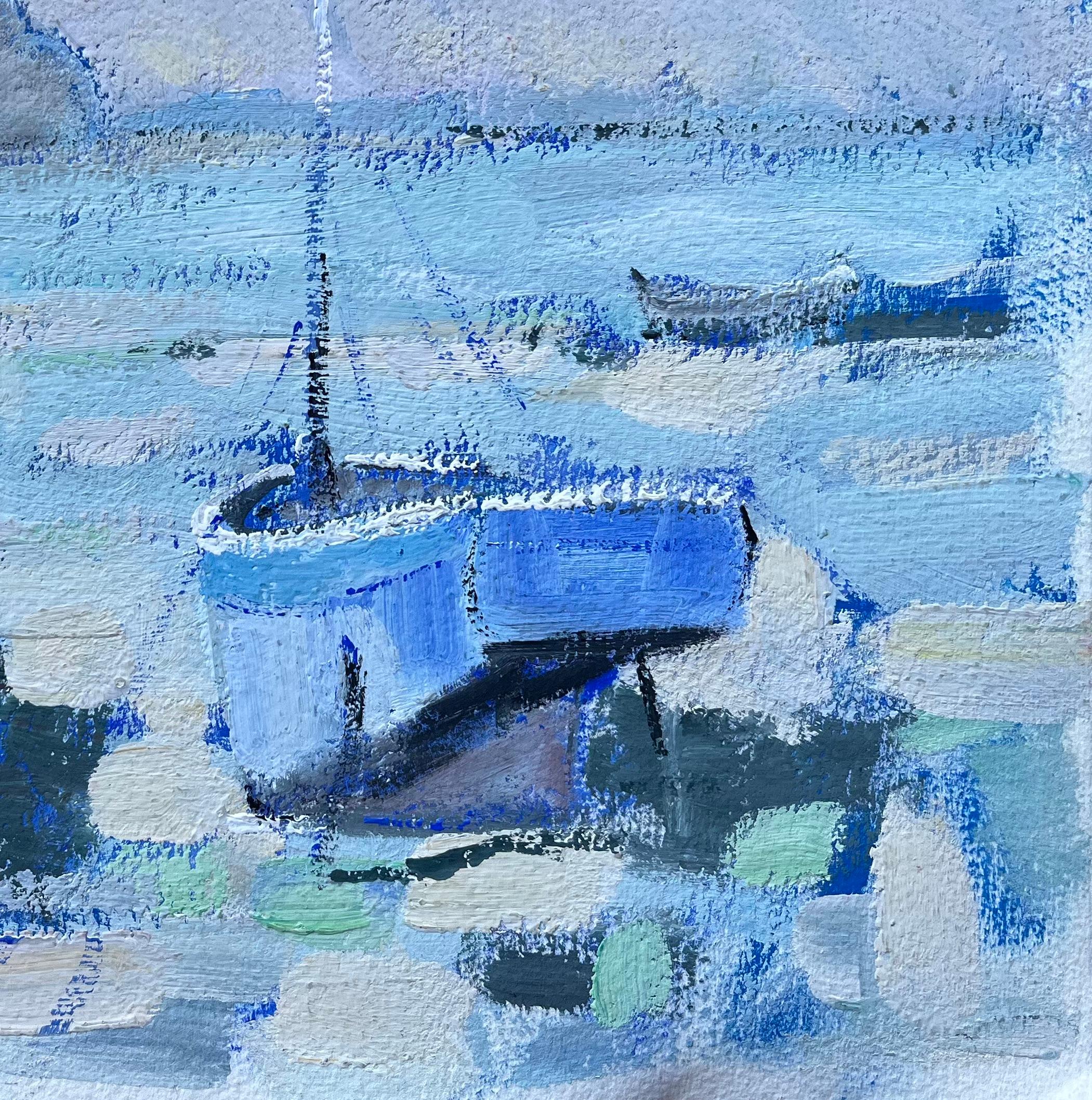 Quadro a olio impressionista francese con barche blu su una costa ventilata - Painting Impressionismo di Fanch Lel