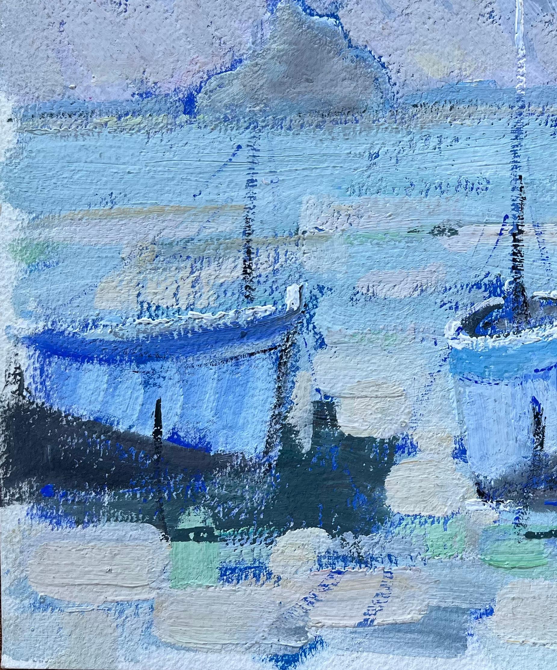 Quadro a olio impressionista francese con barche blu su una costa ventilata - Landscape Painting Blu di Fanch Lel