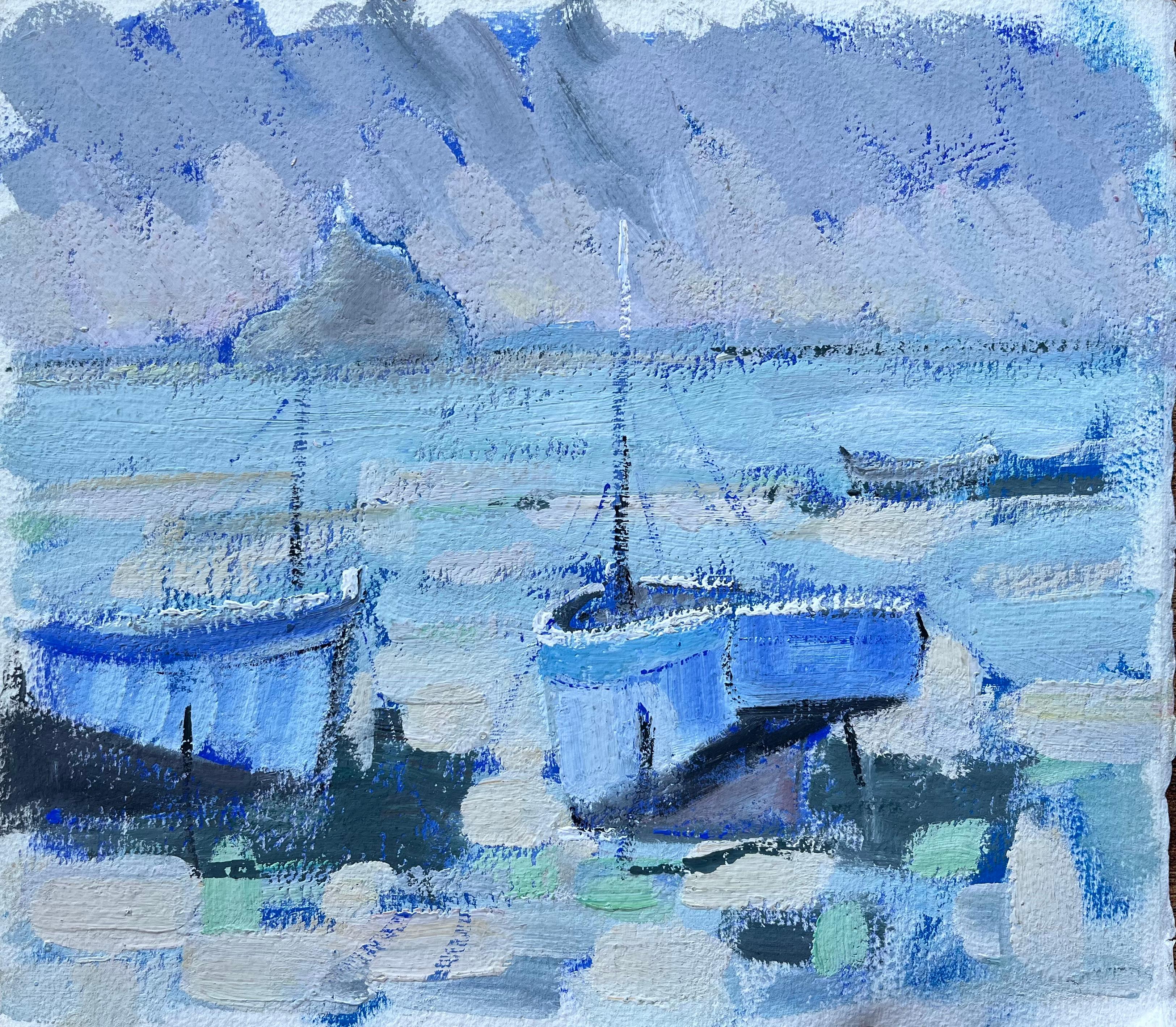 Landscape Painting di Fanch Lel - Quadro a olio impressionista francese con barche blu su una costa ventilata
