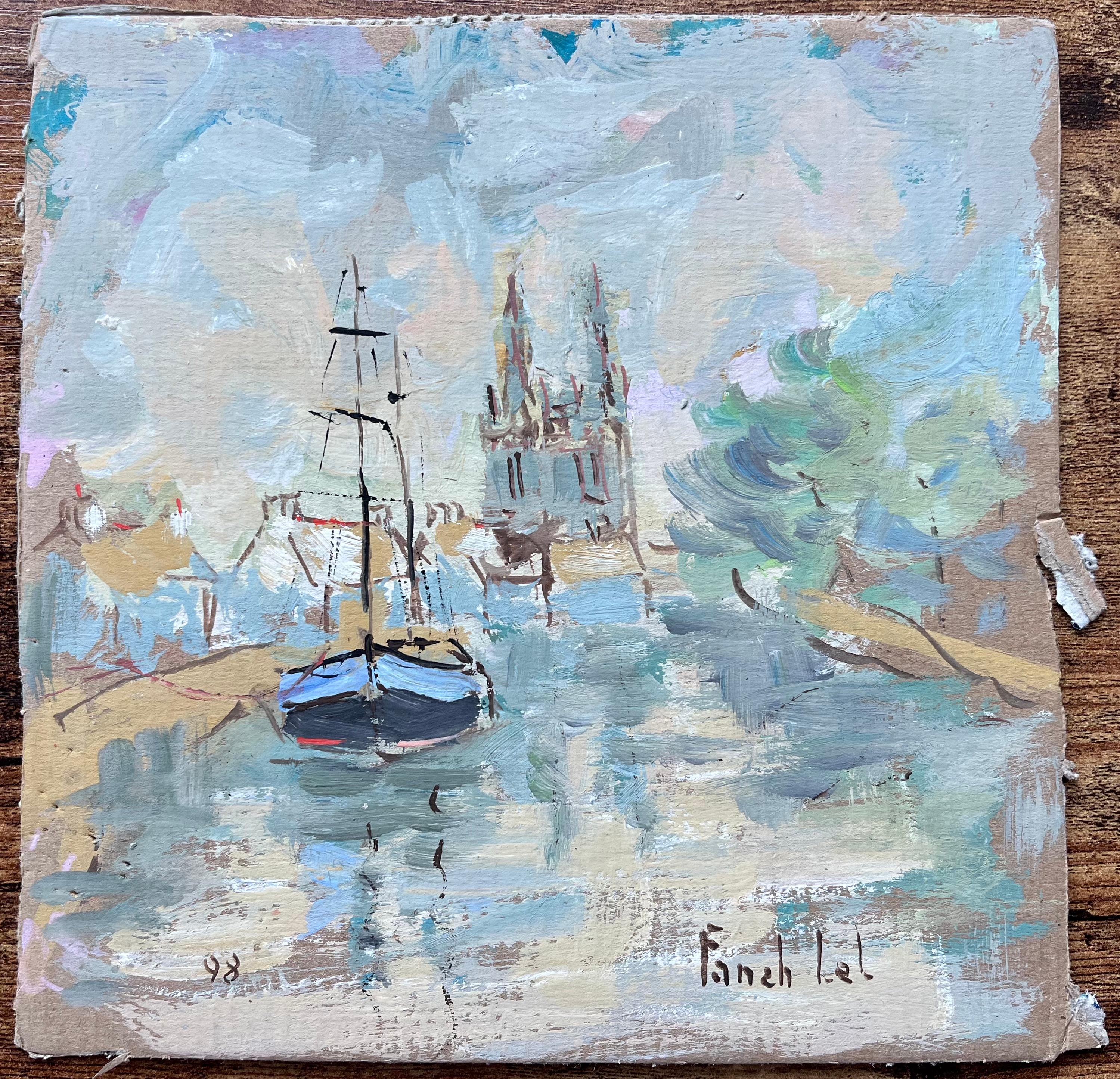 Pittura a olio impressionista francese con barca sul fiume e guglie della cattedrale - Painting di Fanch Lel