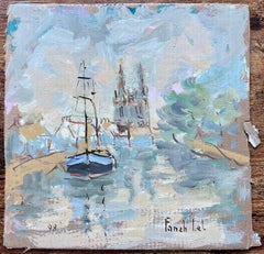 Pintura al óleo impresionista francesa de Barco en el río con agujas de catedral