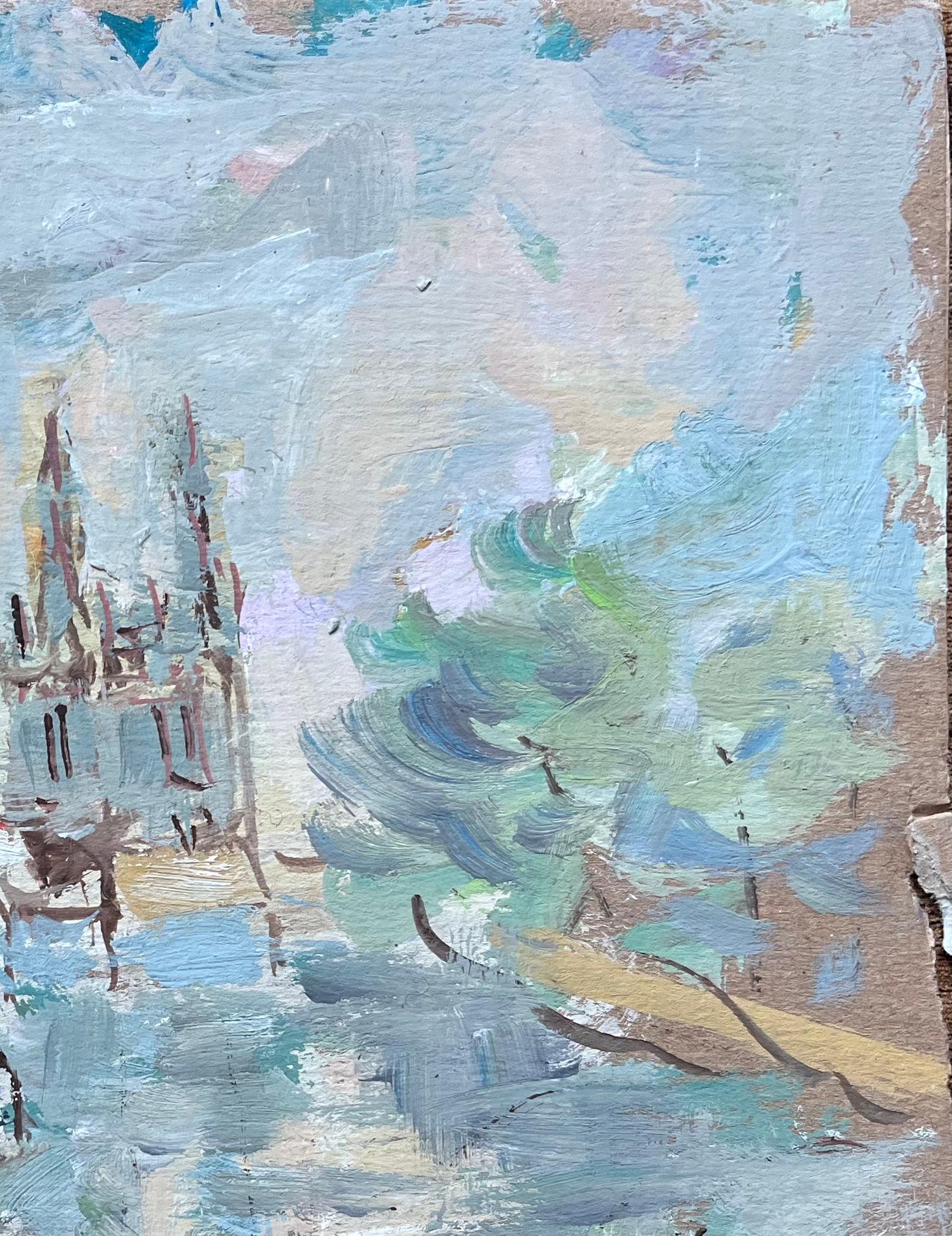 Pittura a olio impressionista francese con barca sul fiume e guglie della cattedrale - Painting Impressionismo di Fanch Lel