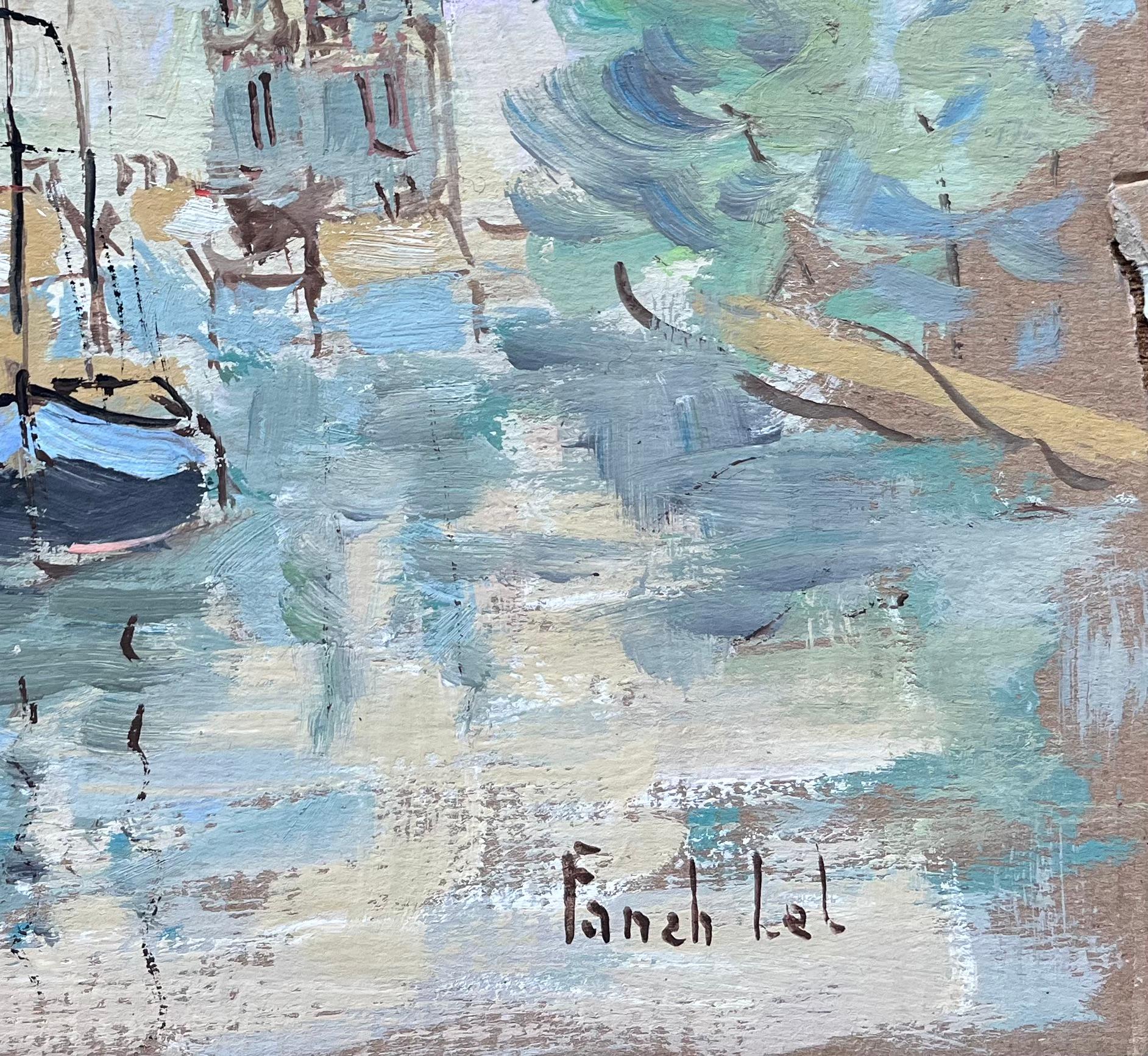 Pittura a olio impressionista francese con barca sul fiume e guglie della cattedrale - Landscape Painting Grigio di Fanch Lel