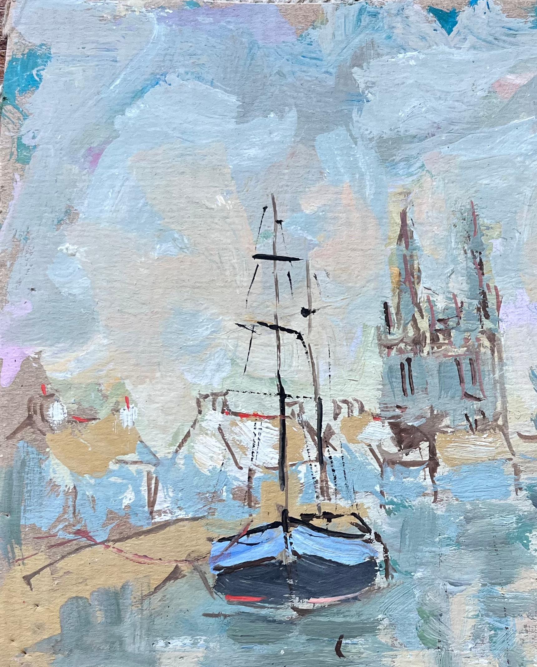 Pittura a olio impressionista francese con barca sul fiume e guglie della cattedrale in vendita 1