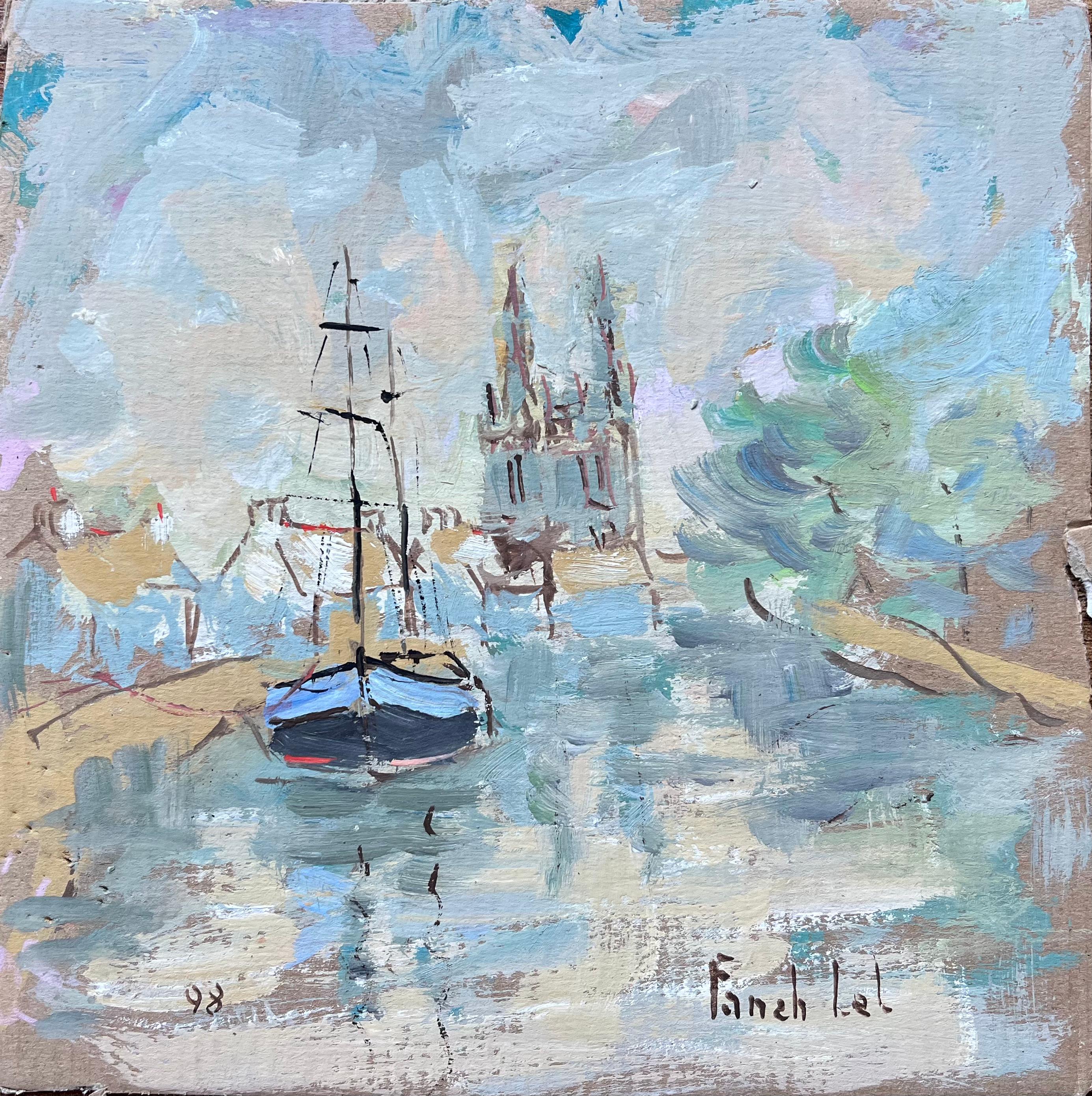 Landscape Painting di Fanch Lel - Pittura a olio impressionista francese con barca sul fiume e guglie della cattedrale