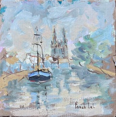 Französisches impressionistisches Ölgemälde eines Bootes auf Fluss mit Kathedralen spiralen, Französisch