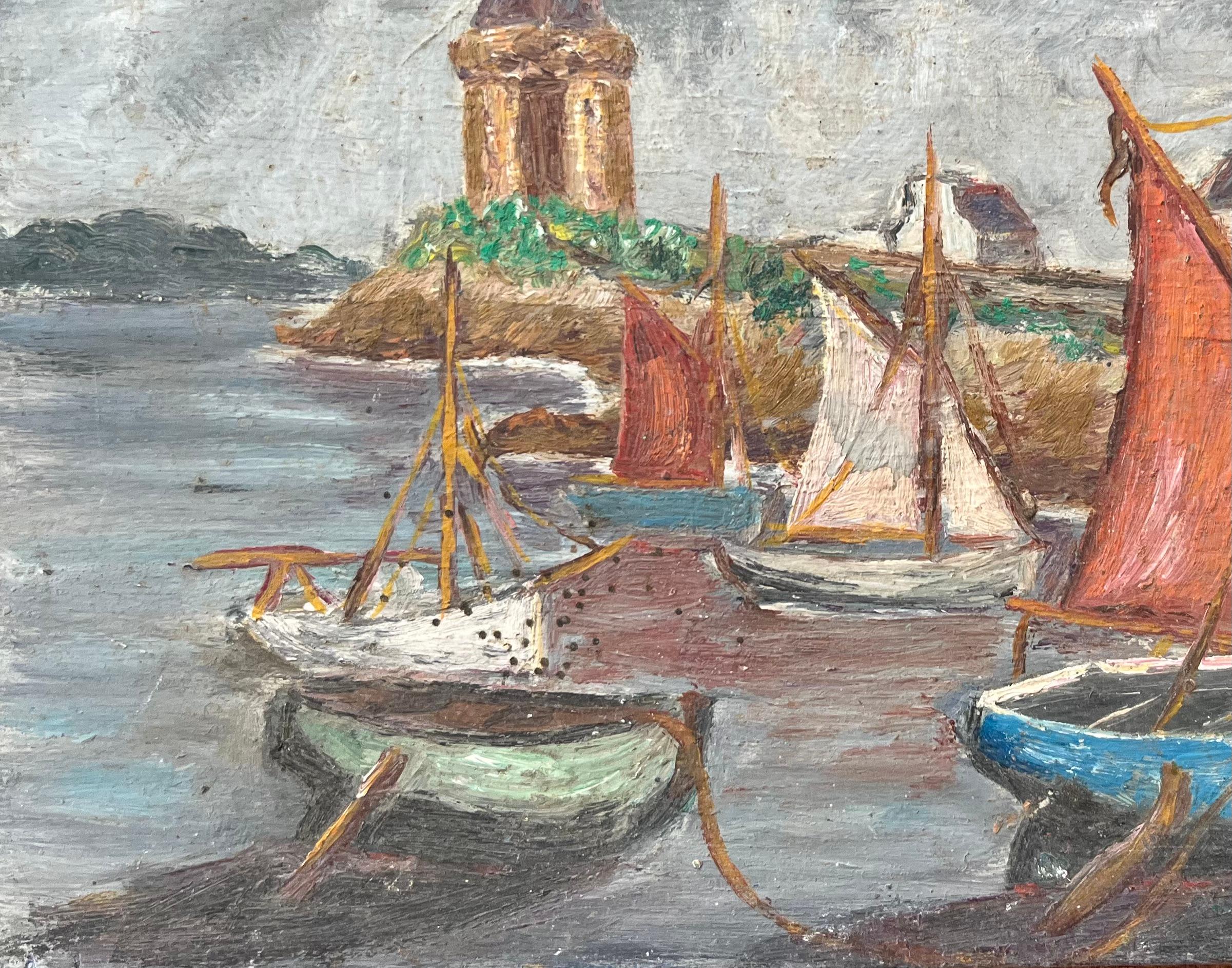 Peinture à l'huile impressionniste française représentant des bateaux ancrés par une tour par un jour nuageux - Impressionnisme Painting par Fanch Lel
