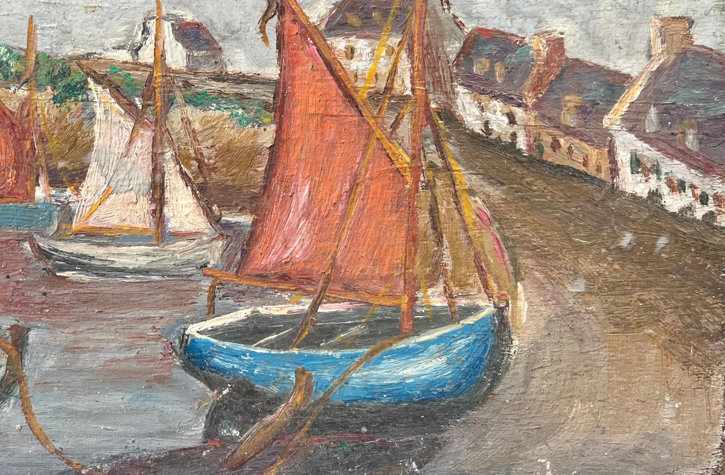 Peinture à l'huile impressionniste française représentant des bateaux ancrés par une tour par un jour nuageux - Gris Landscape Painting par Fanch Lel