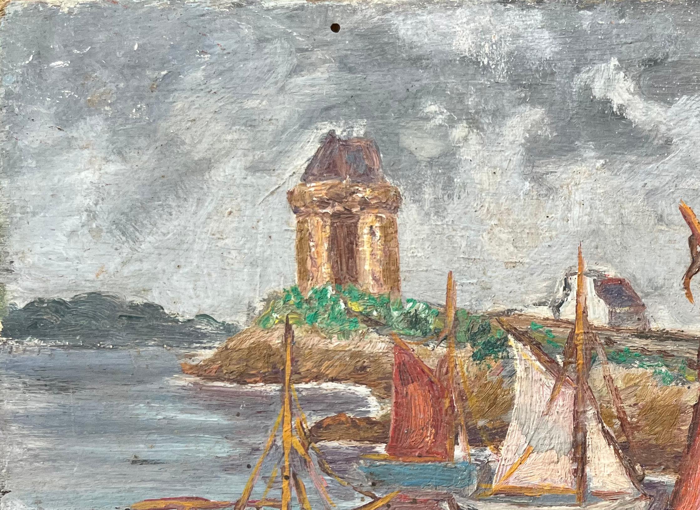 Titre : Peinture à l'huile impressionniste française de bateaux ancrés près d'une tour par temps nuageux
Par Fanch Lel (français né en 1930)
Taille : 6 x 9.25 pouces (hauteur x largeur)
Peinture à l'huile sur carton, non encadrée
Condit : Le tableau
