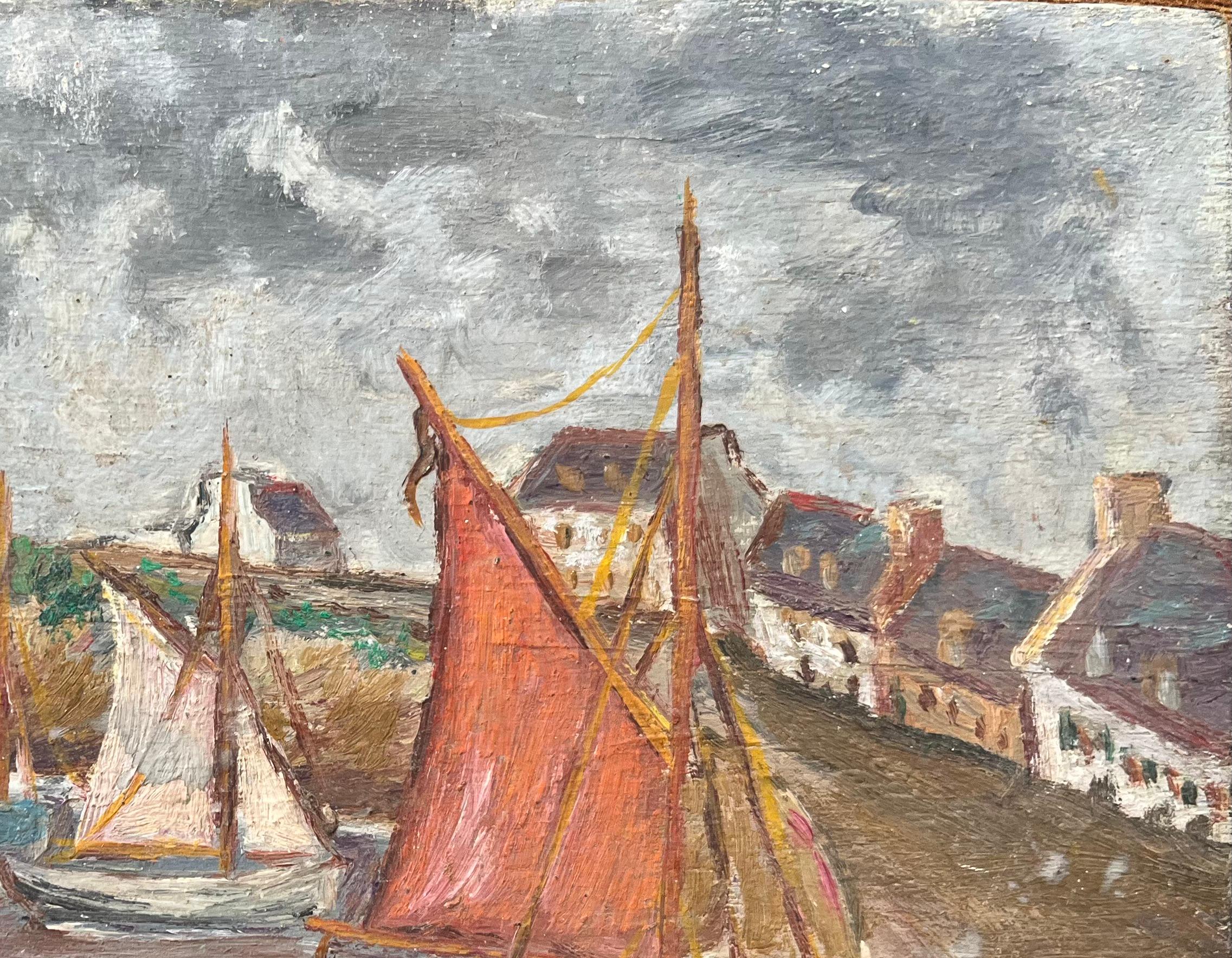 Peinture à l'huile impressionniste française représentant des bateaux ancrés par une tour par un jour nuageux en vente 1