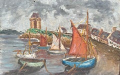 French Impressionist Oil Painting of Boats Anchored by a Tower on a Cloudy Day