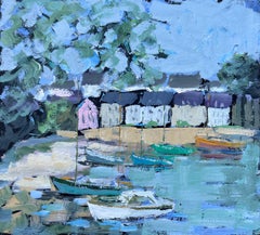 French Impressionist Oil Painting of Boats and Beach Huts by a Tree-Lined Shore