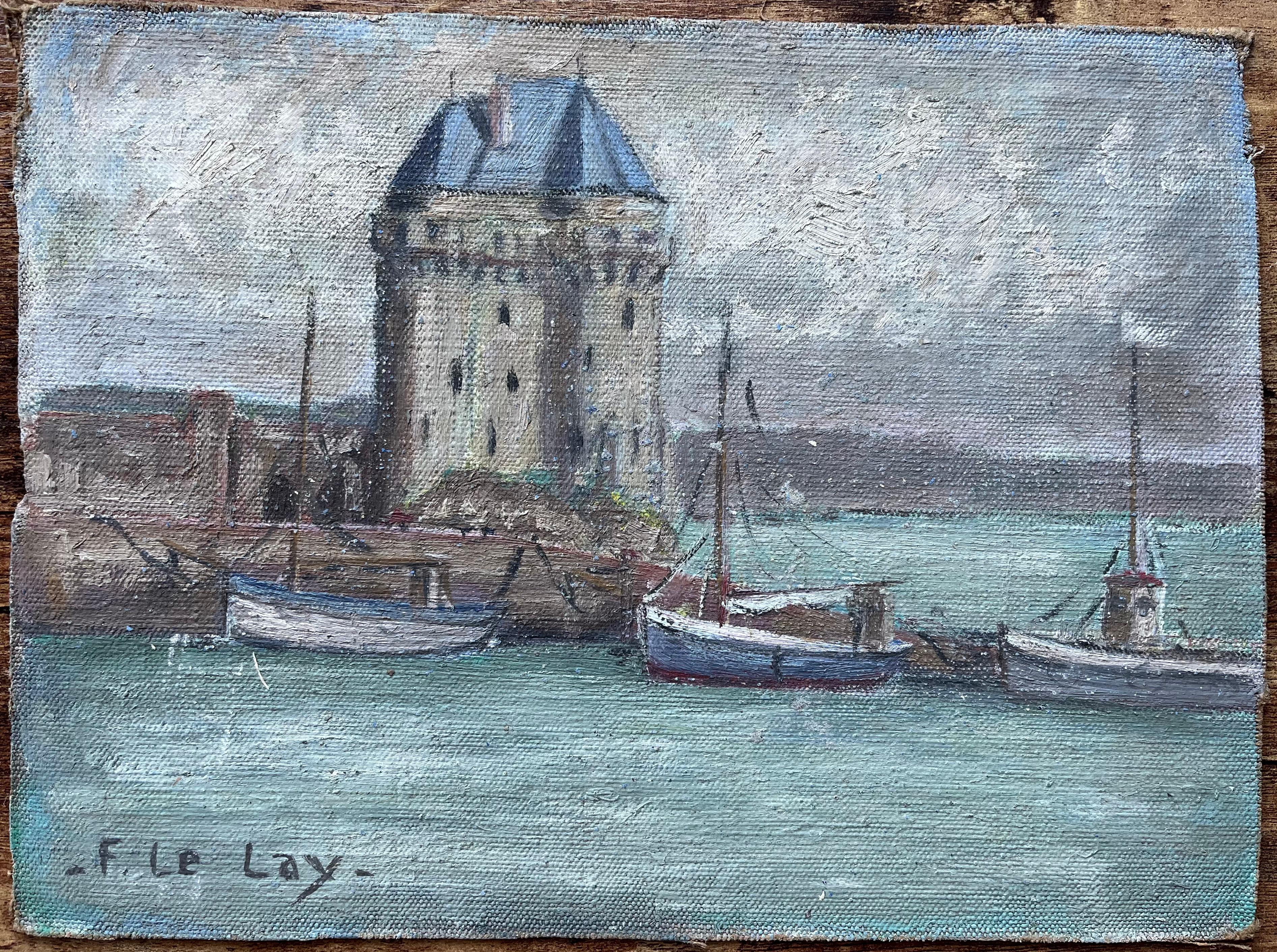 Quadro a olio impressionista francese con barche e torre del porto - Painting di Fanch Lel