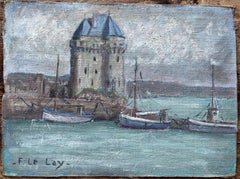 Quadro a olio impressionista francese con barche e torre del porto