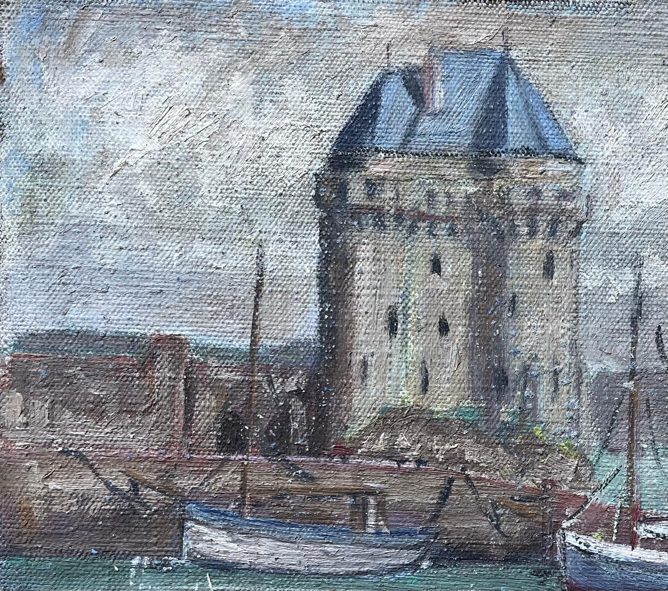 Quadro a olio impressionista francese con barche e torre del porto - Painting Impressionismo di Fanch Lel