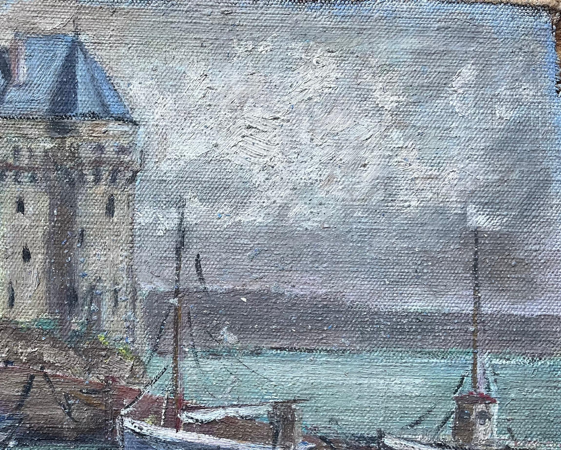 Quadro a olio impressionista francese con barche e torre del porto - Figurative Painting Grigio di Fanch Lel