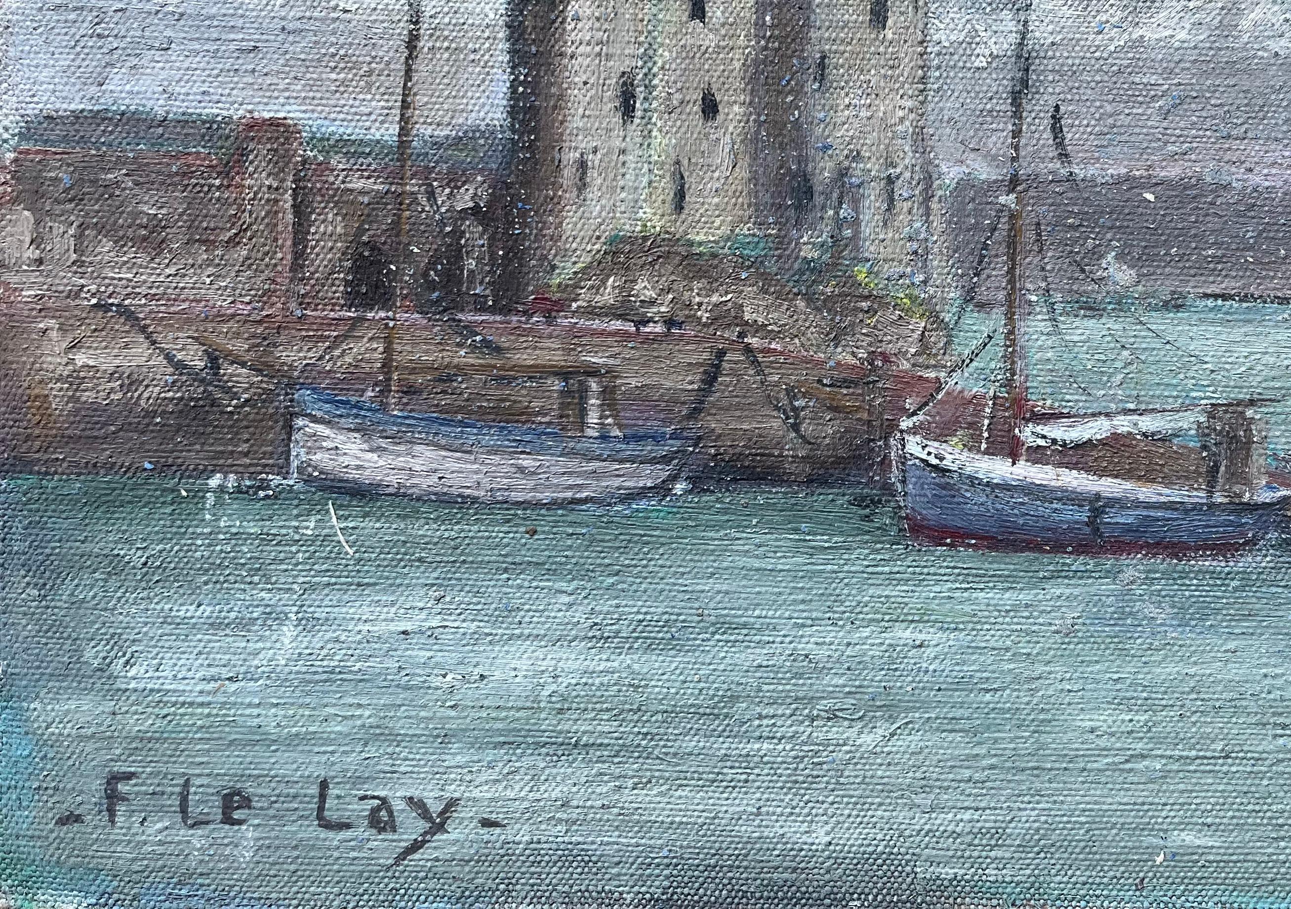 Quadro a olio impressionista francese con barche e torre del porto in vendita 1
