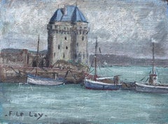French Impressionist Oil Painting of Boats and Harbour Tower