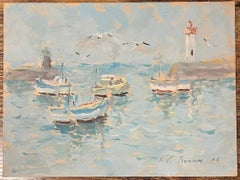 Pittura a olio impressionista francese con barche e faro in un porto calmo