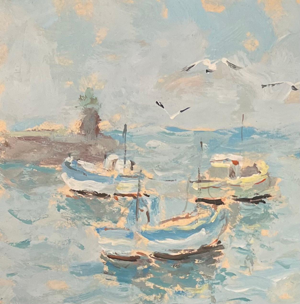 Title: French Impressionist Oil Painting of Boats and Lighthouse in a Calm Harbour
By Fanch Lel (French b. 1930)
Size: 7.25 x 9.5 inches (height x width)
Signed: Yes
Oil painting on board, unframed
Condition: The painting is in good condition, with
