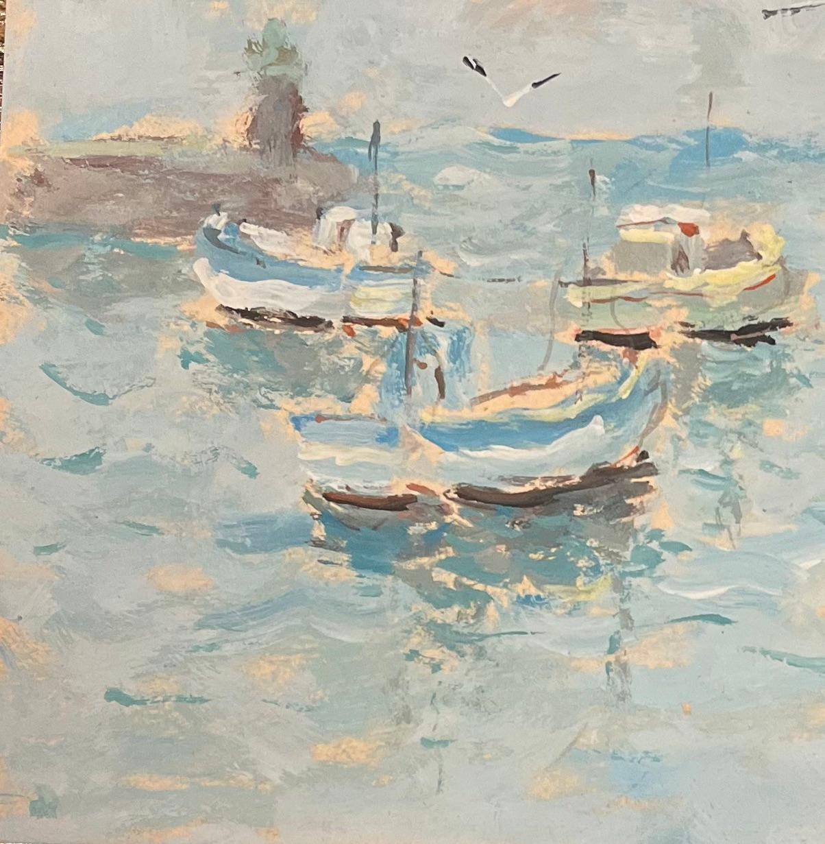 French Impressionist Oil Painting of Boats and Lighthouse in a Calm Harbour For Sale 1
