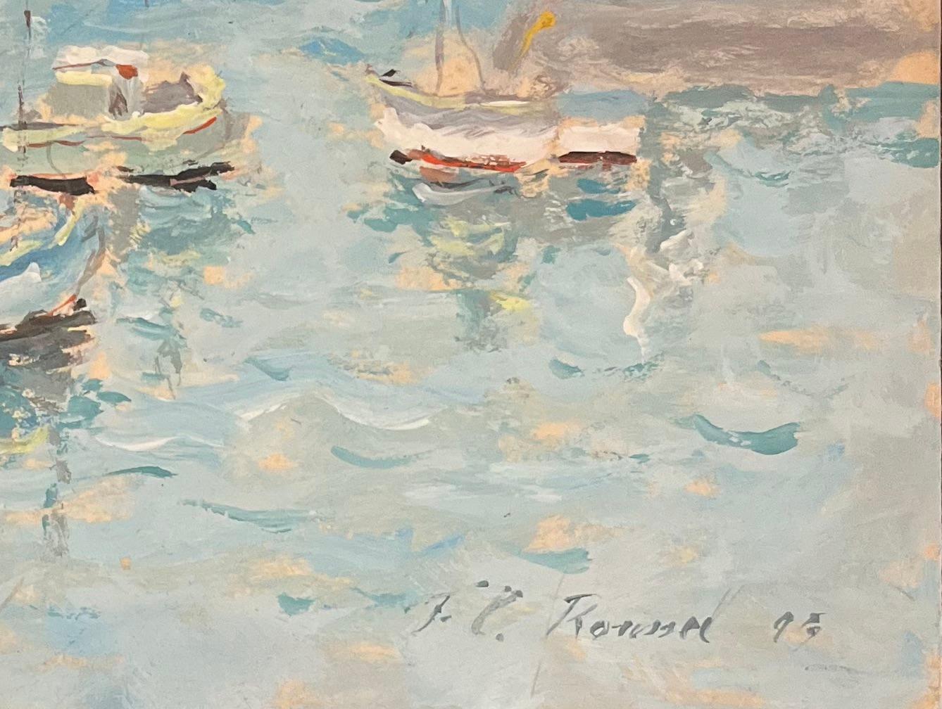 French Impressionist Oil Painting of Boats and Lighthouse in a Calm Harbour For Sale 2