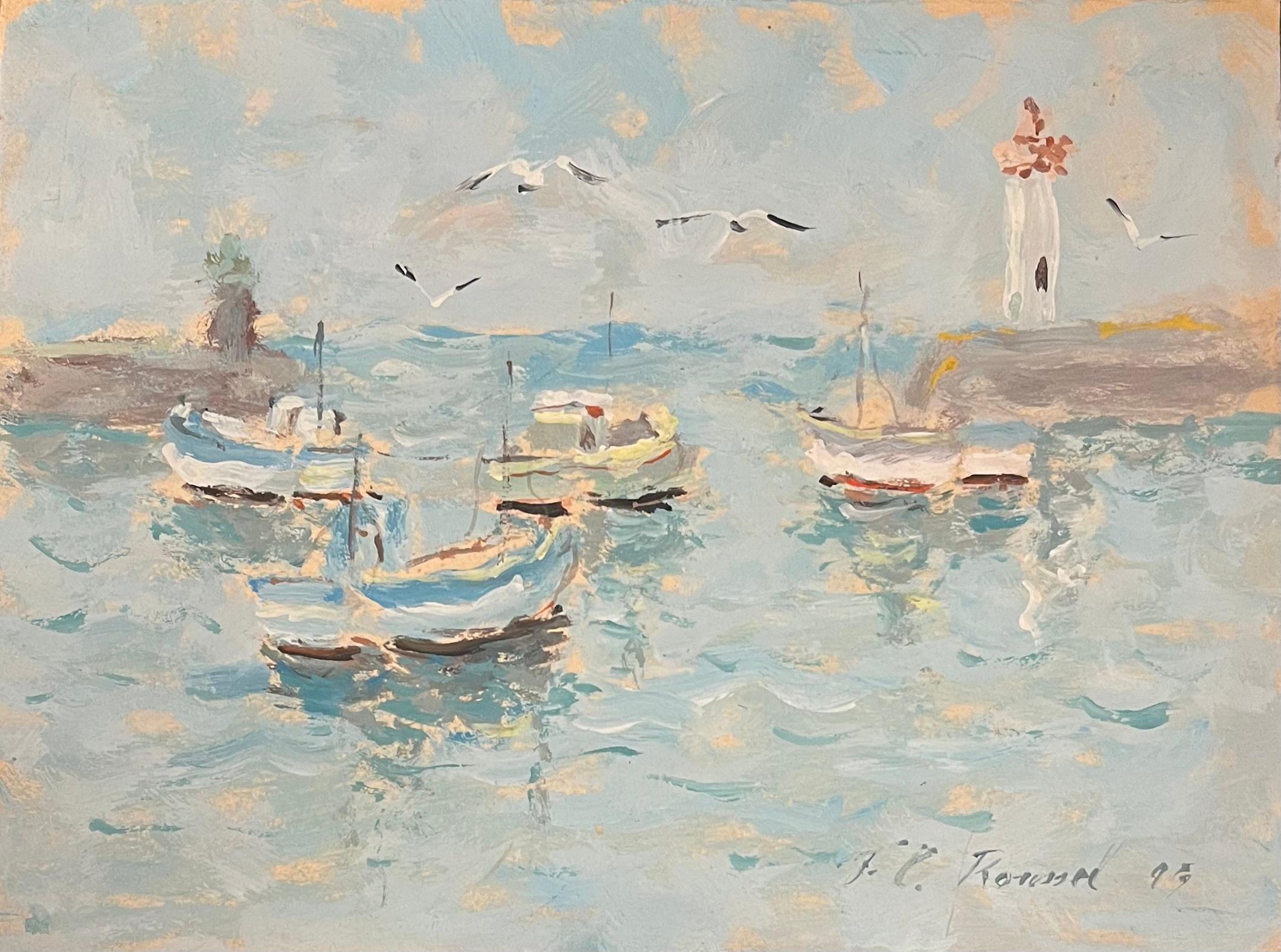 Fanch Lel Figurative Painting - French Impressionist Oil Painting of Boats and Lighthouse in a Calm Harbour
