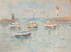 French Impressionist Oil Painting of Boats and Lighthouse in a Calm Harbour