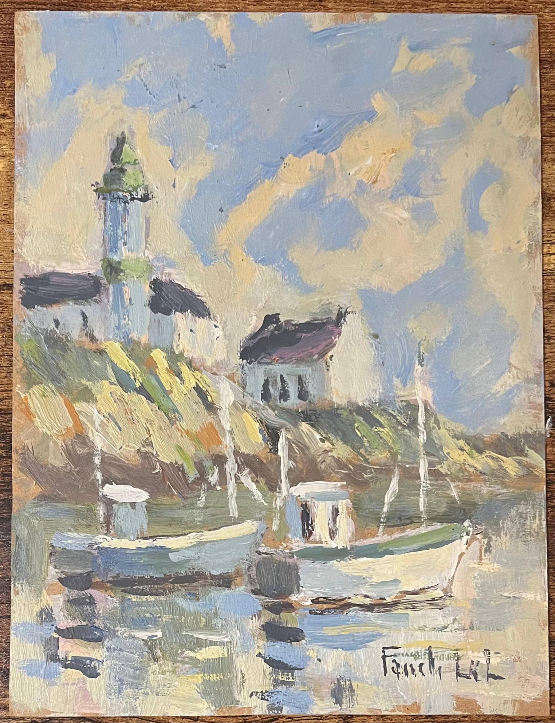 French Impressionist Oil Painting of Boats and Lighthouse on a Rocky Shore - Gray Figurative Painting by Fanch Lel
