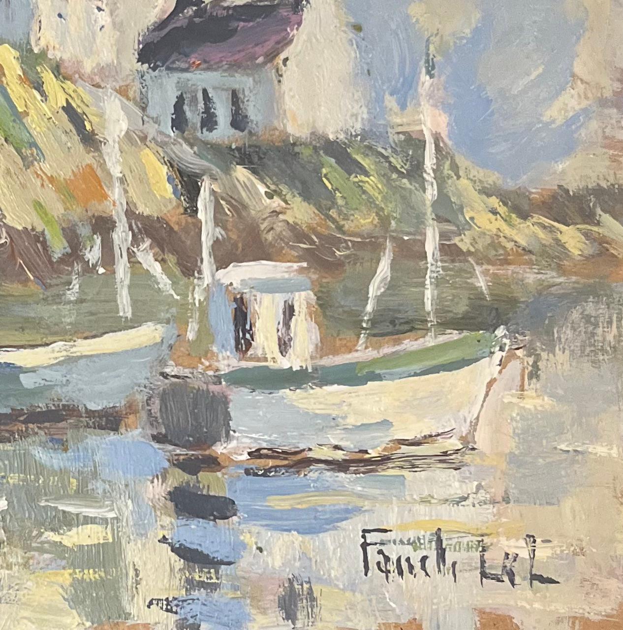 Title: French Impressionist Oil Painting of Boats and Lighthouse on a Rocky Shore
By Fanch Lel (French b. 1930)
Size: 9.5 x 7 inches (height x width)
Signed: Yes
Oil painting on board, unframed
Condition: The painting is in good condition, with